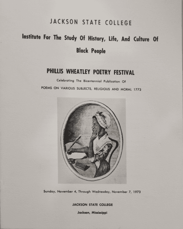 Front cover of program for a Poetry Festival dedicated to the poet Phillis Wheatley Peters.