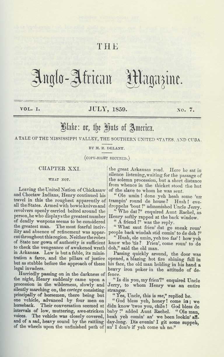 The story "Blake: or, the Huts of America" by Martin Delany looks like a traditional news article with the title The Anglo-African Magazine at the top.
