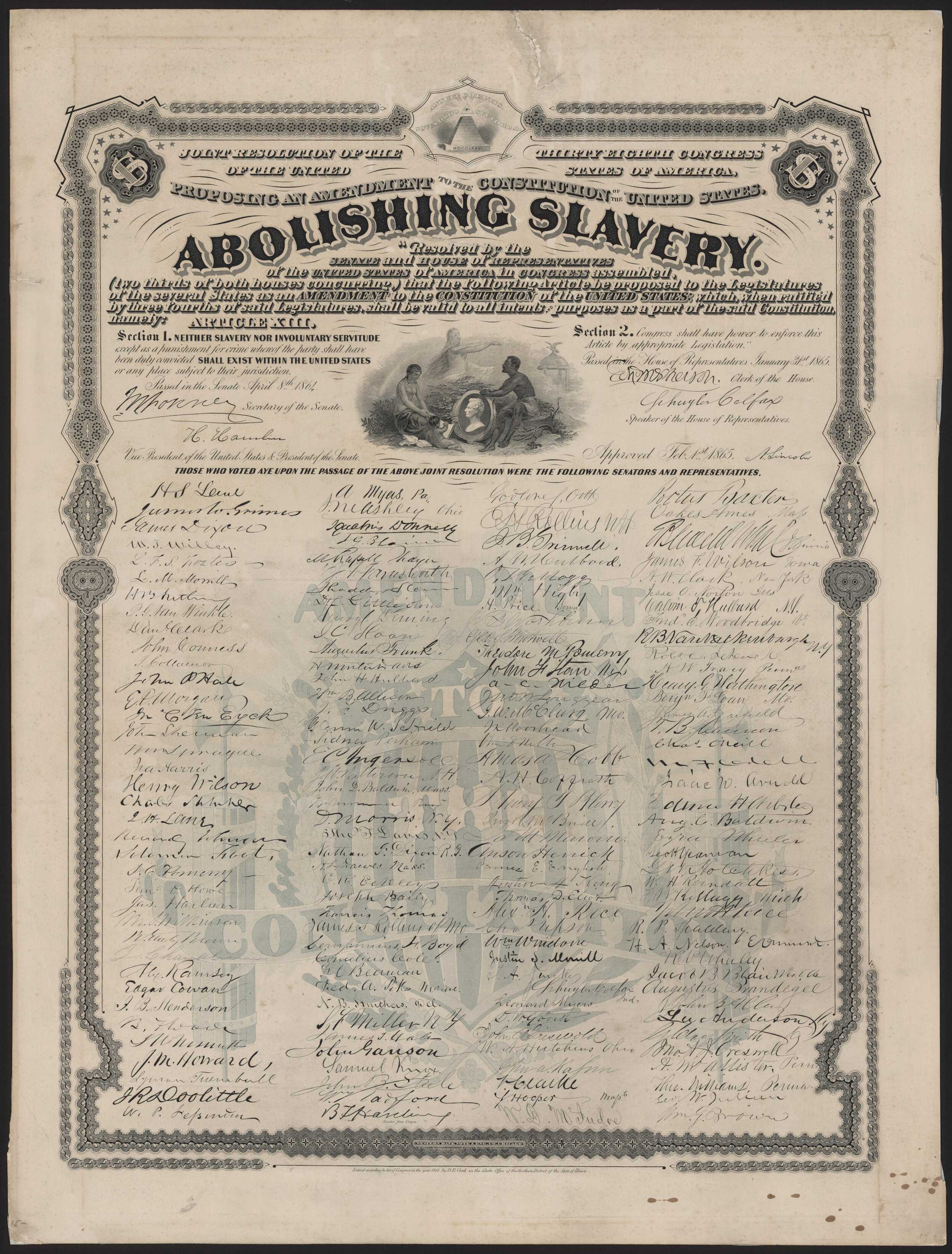 A joint resolution from the thirty eight Congress proposing an amendment to abolish slavery, signed by Congress.