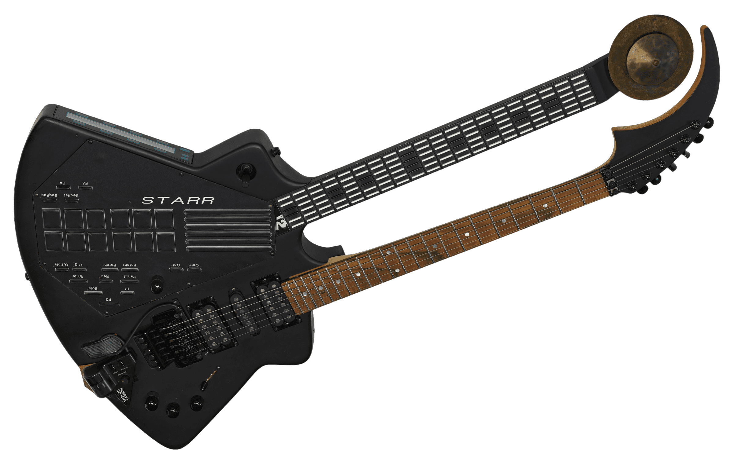 The double guitar synth has two frettboards and a conjoined body.