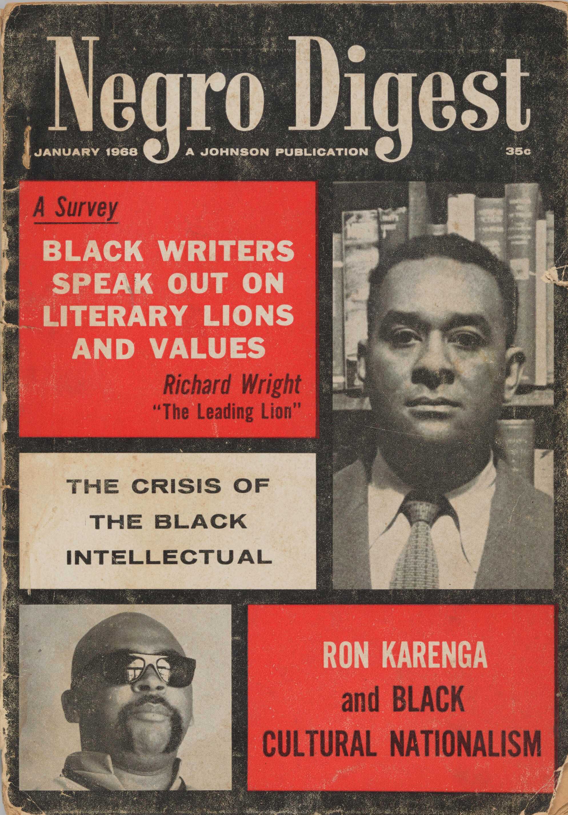 Publication of "Negro Digest" featuring two (2) black and white images, one of Richard Wright on the right side, middle, and one of Ron Karenga in the lower left corner.