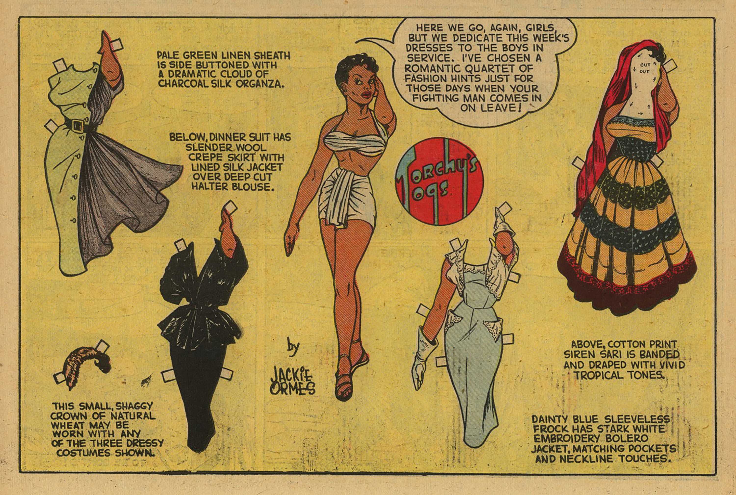 A series of comic strip of different dresses that could be cut out and placed on the central woman.