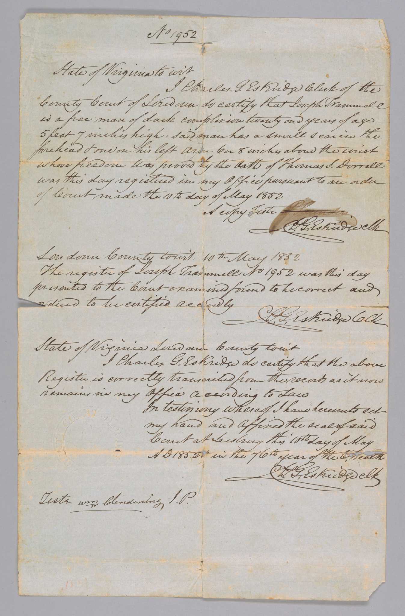 Certificate of Freedom for Joseph Trammell. Handwritten in black ink on white paper, the document is labeled at the top as "No. 1952." The document includes a detailed description of Mr. Trammell. It also includes that his freedom was proven by the oath of Thomas S. Dorrell. The certificate indicates a county registration number that provides legal record of Joseph Trammell’s status as a free man of color.