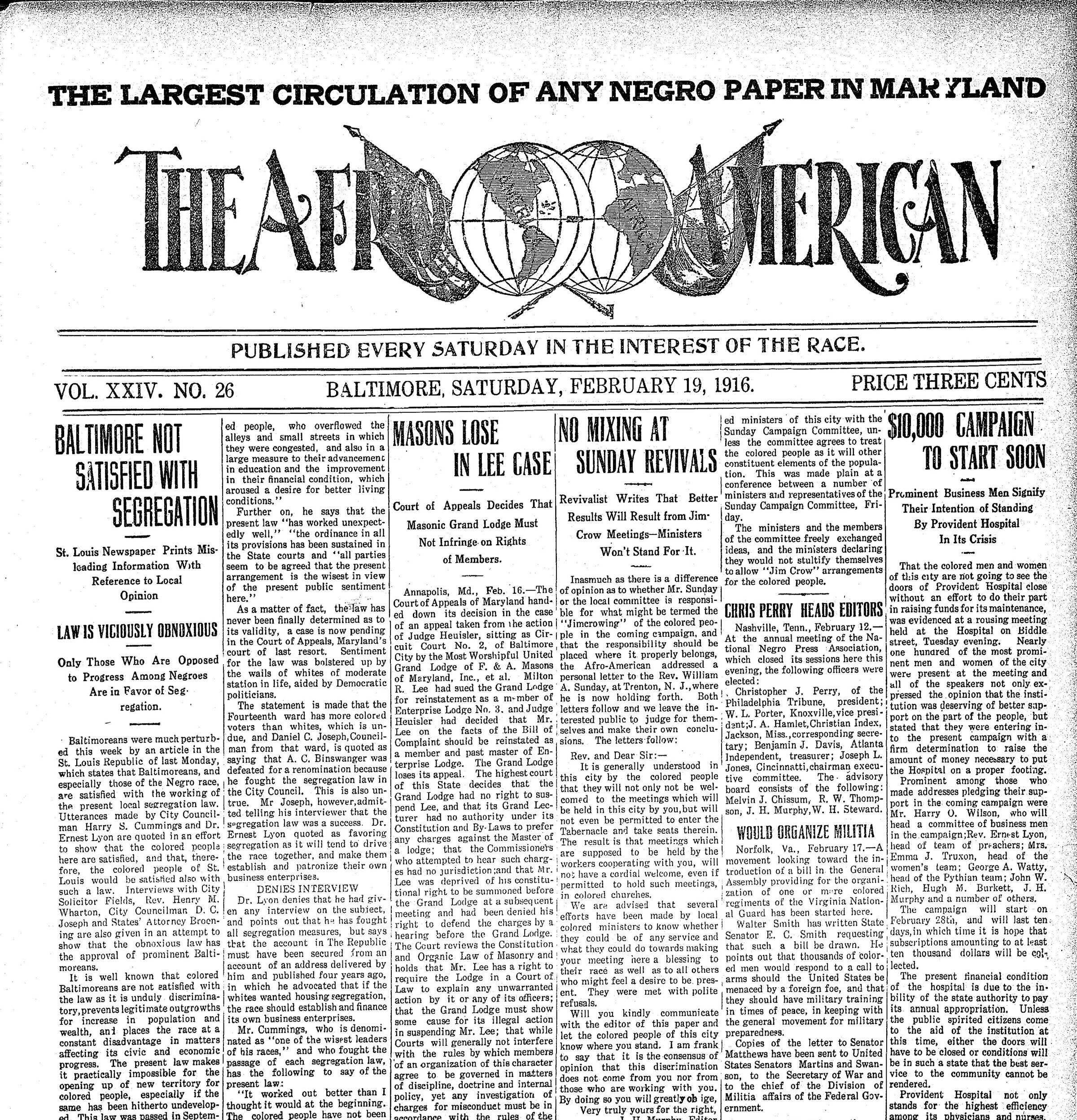 Front page of the Baltimore Afro-American, February 19, 1916