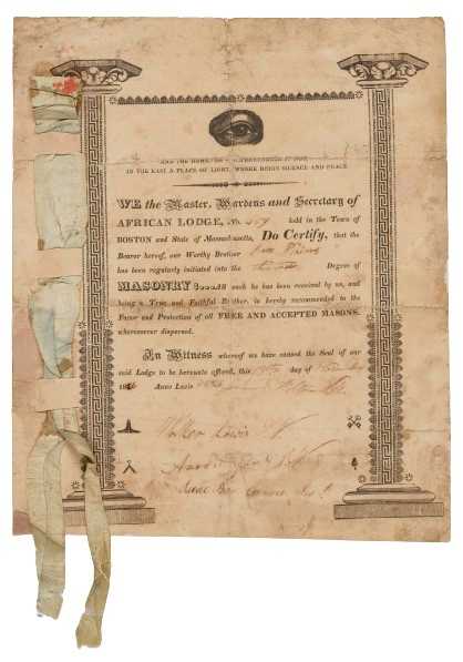 A membership certificate from the Masonic African Lodge No. 459, Boston, Massachusetts, certifying the promotion of Nero Powers to the rank of third-degree Mason.