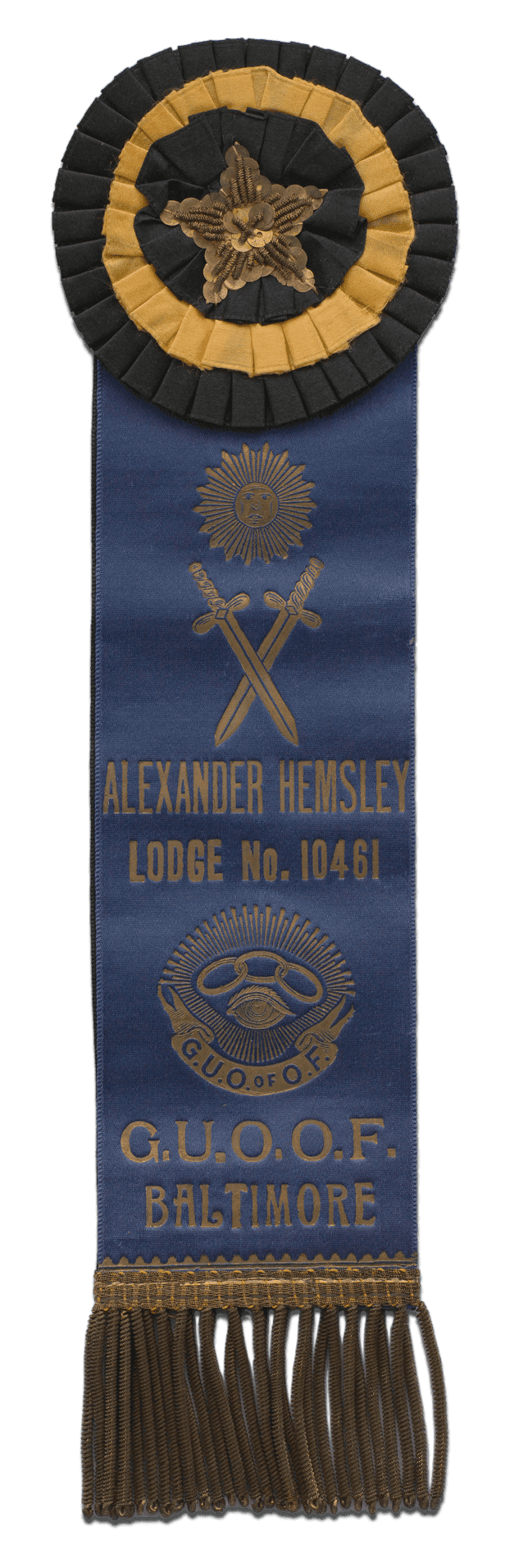 A blue ribbon with a black and gold star for Alexander Hemsley Lodge No. 10461. It has a fridged bottom.