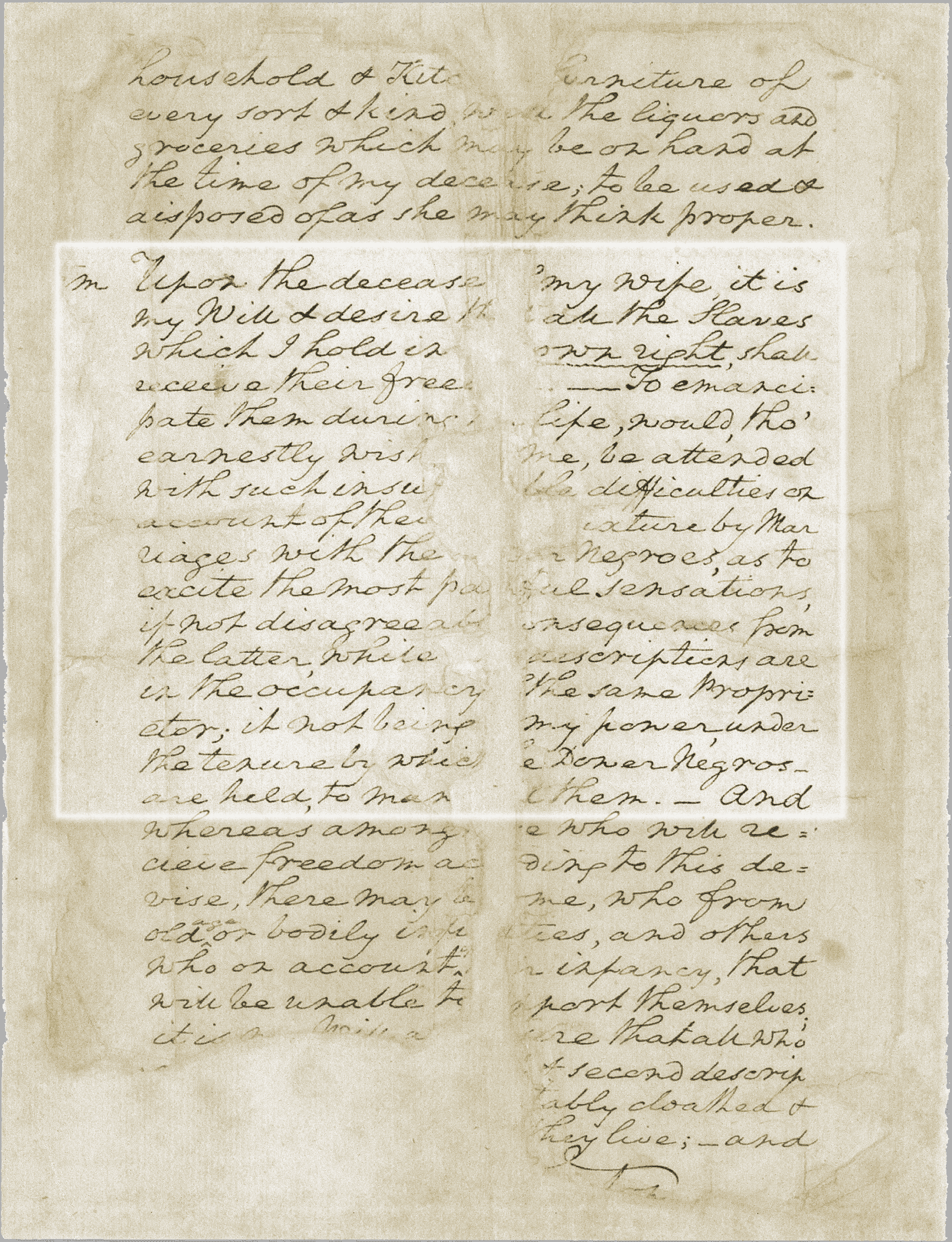 Handwritten 19th-century document describing the emancipation of enslaved individuals upon the writer's death.