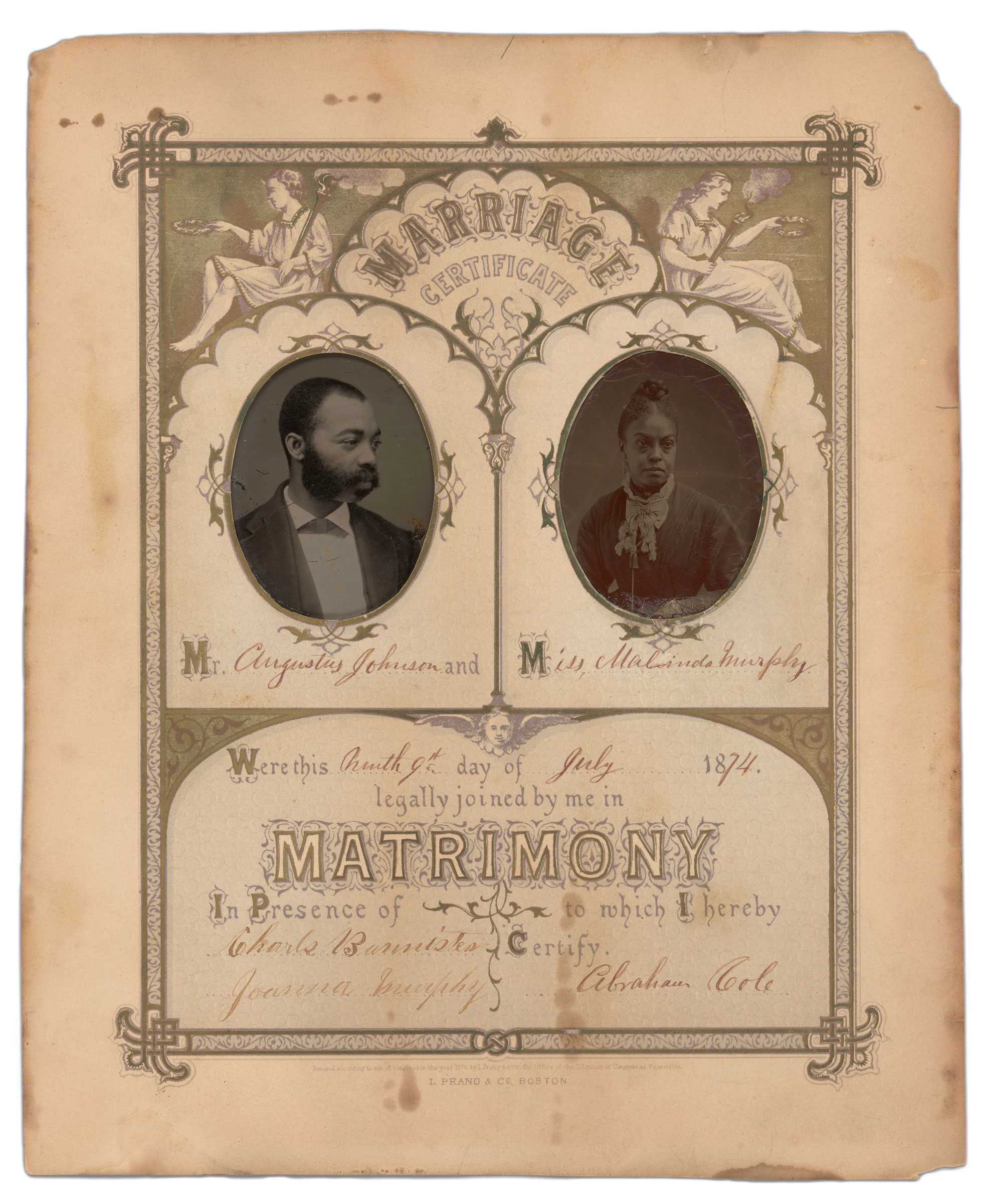 Marriage certificate with portraits of Augustus Johnson and Malinda Murphy.