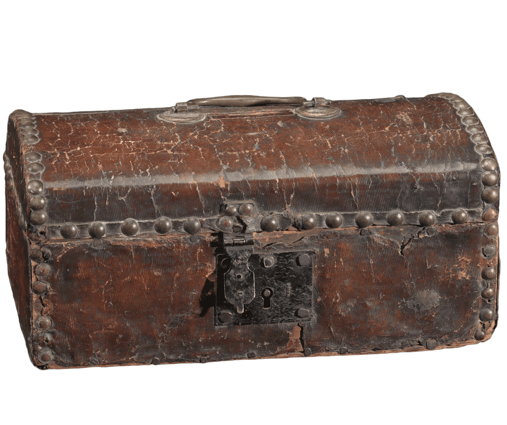 Money box that belonged to the founder of the African Methodist Episcopal (AME) church, Bishop Richard Allen. The rectangular box is flat on all sides with a flat bottom. It has a slightly domed top with a horizontal 1 7/8" slot in the center. The brass handle on the top is joined to the box by flat circular disks on either side of the slot. The top of the box is a hinged lid, attached in the back with two hinges. The box is constructed of wood and covered in dark, reddish-brown leather. There is a metal locking mechanism nailed to the front of the box, with a hinged piece that fits into a slot on the lock attached to the center front of the lid. Brass nails with circular heads are lined along the edges of the lid and front and back edges. Smaller brass nails surround the bottom edge of the box and side panels. There is a rectangular piece of off-white, discolored paper adhered to the center of the bottom of the box. Handwritten text in black ink on the paper reads [(illegible) / Rev. C. M.(?) Tanner D.D.(?) / 1 Dec. 1906 / Phila. / The Money Box of Richard Allen]. The inside of the box appears to have been lined with paper, with remnants visible on all inside surfaces. The inside of the lid and back edge contain the most complete pieces. The paper is white with a red circular repeating design.