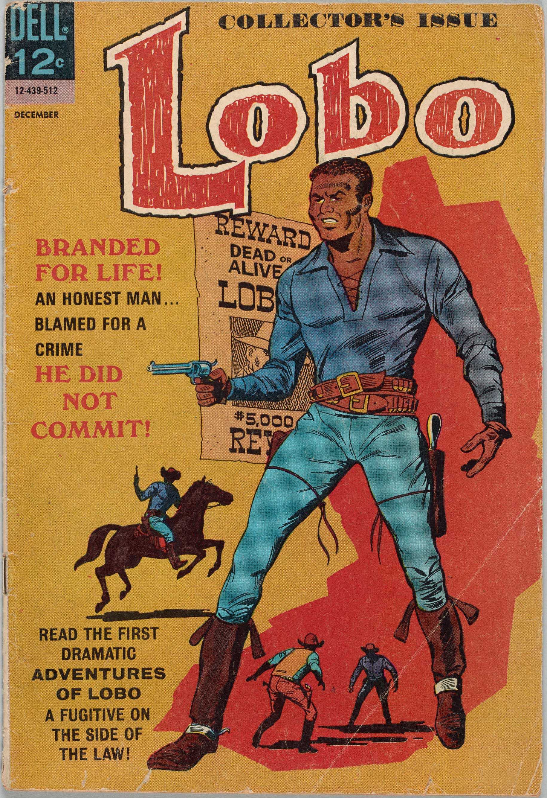 The front cover of the magazine is predominately yellow, red, and blue. Lobo is centered, wearing all blue with a brown ammunition belt and brown boots.