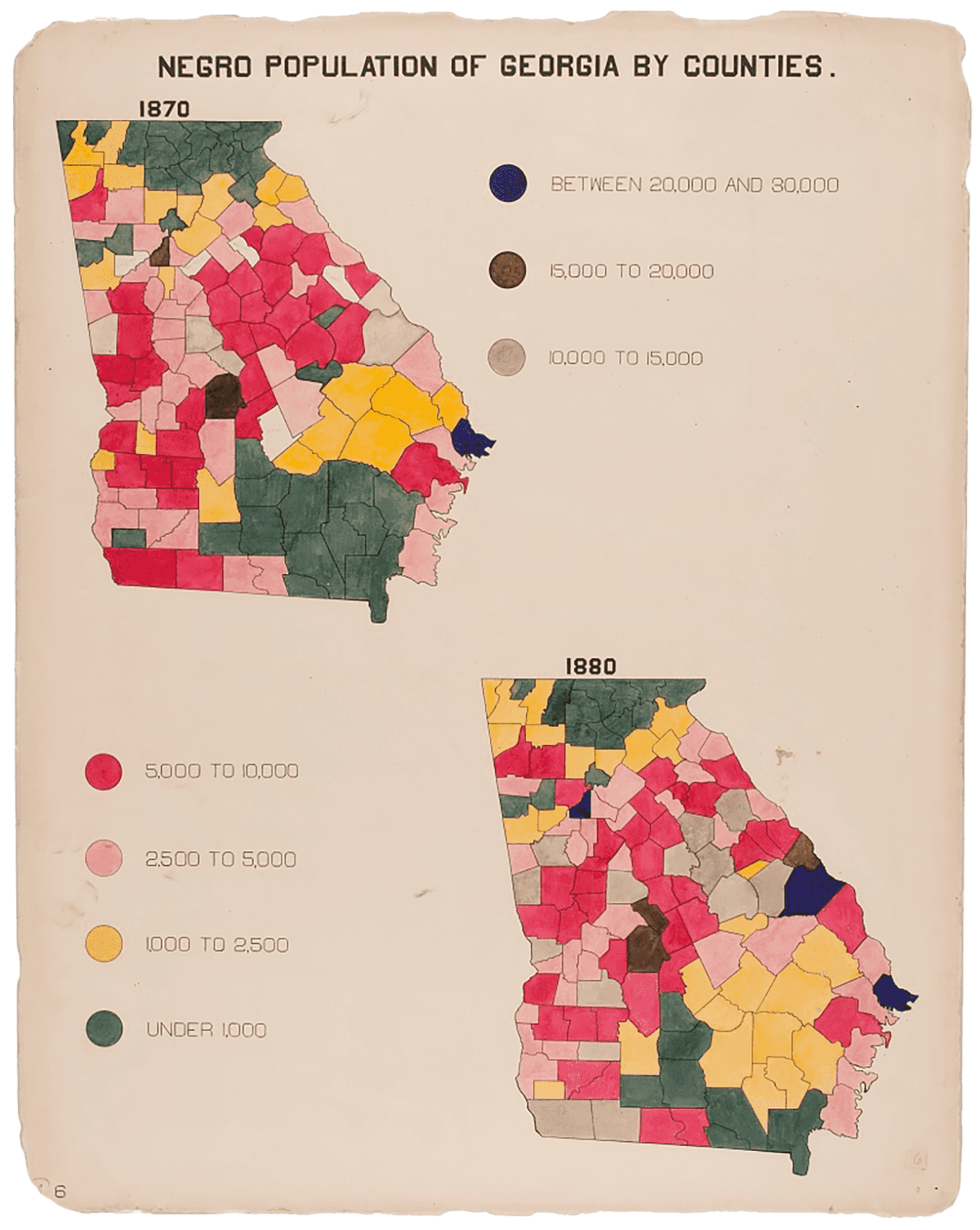 Hand drawn and colored visualization comparing African American population growth in Georgia by county.  There are two maps displayed, 1870 on top of page and blow to right from 1880.  It shows the differences in ten years using color coding to show population totals by county.