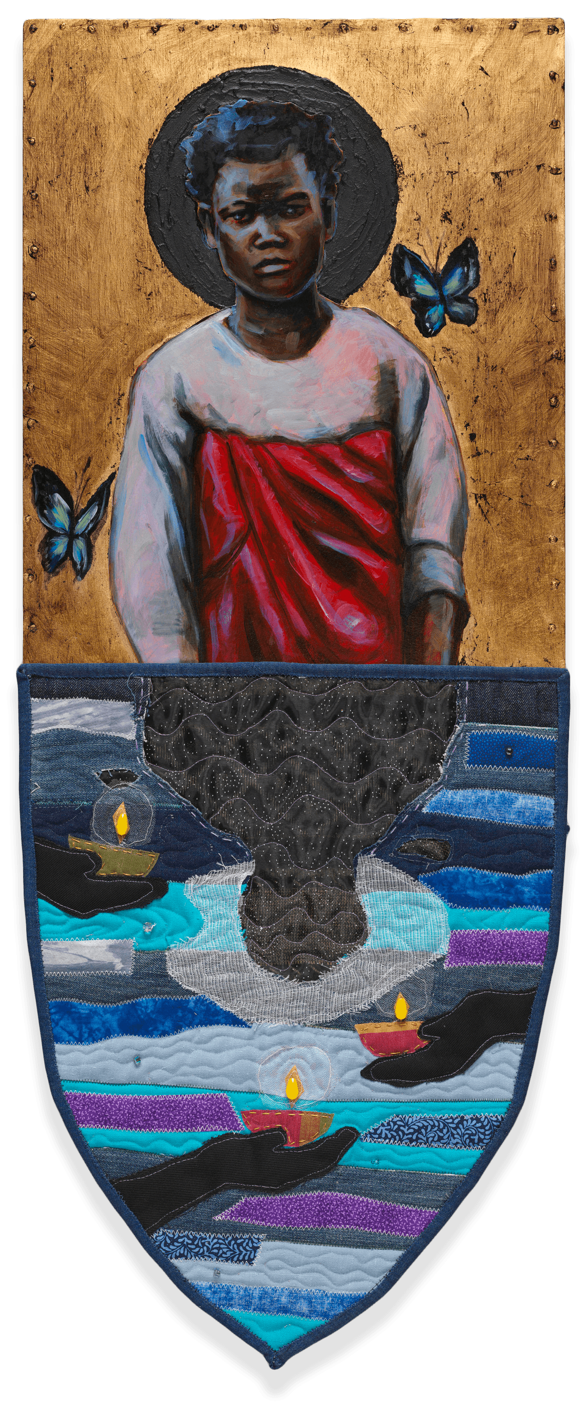A mixed media piece of art by Stephen Towns that has a painting of a young person looking slightly to the right above their reflection in the water.