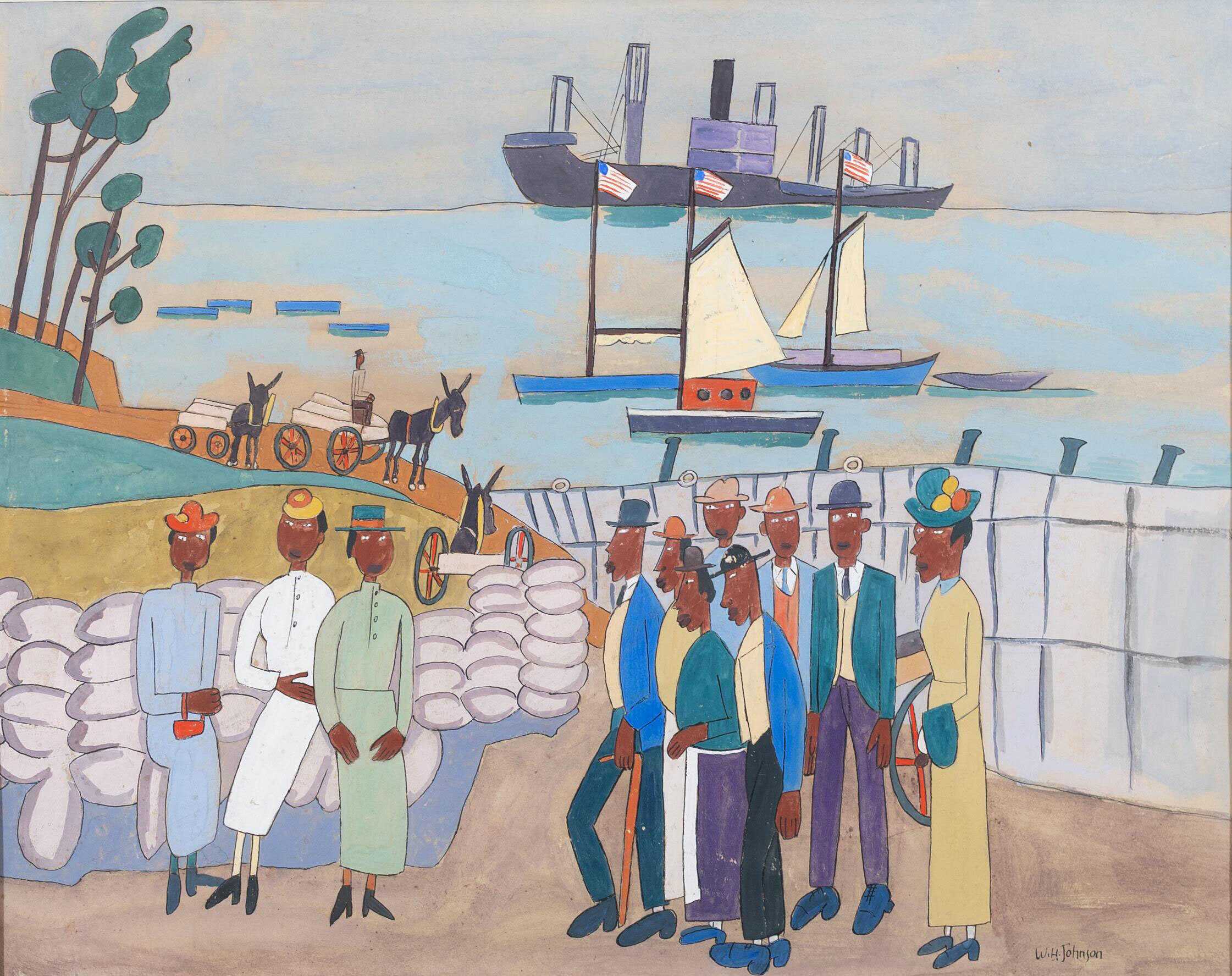 Painting of a bustling harbor scene with people near stacked sacks, horse-drawn carts, and docked ships flying American flags; signed by W.H. Johnson.