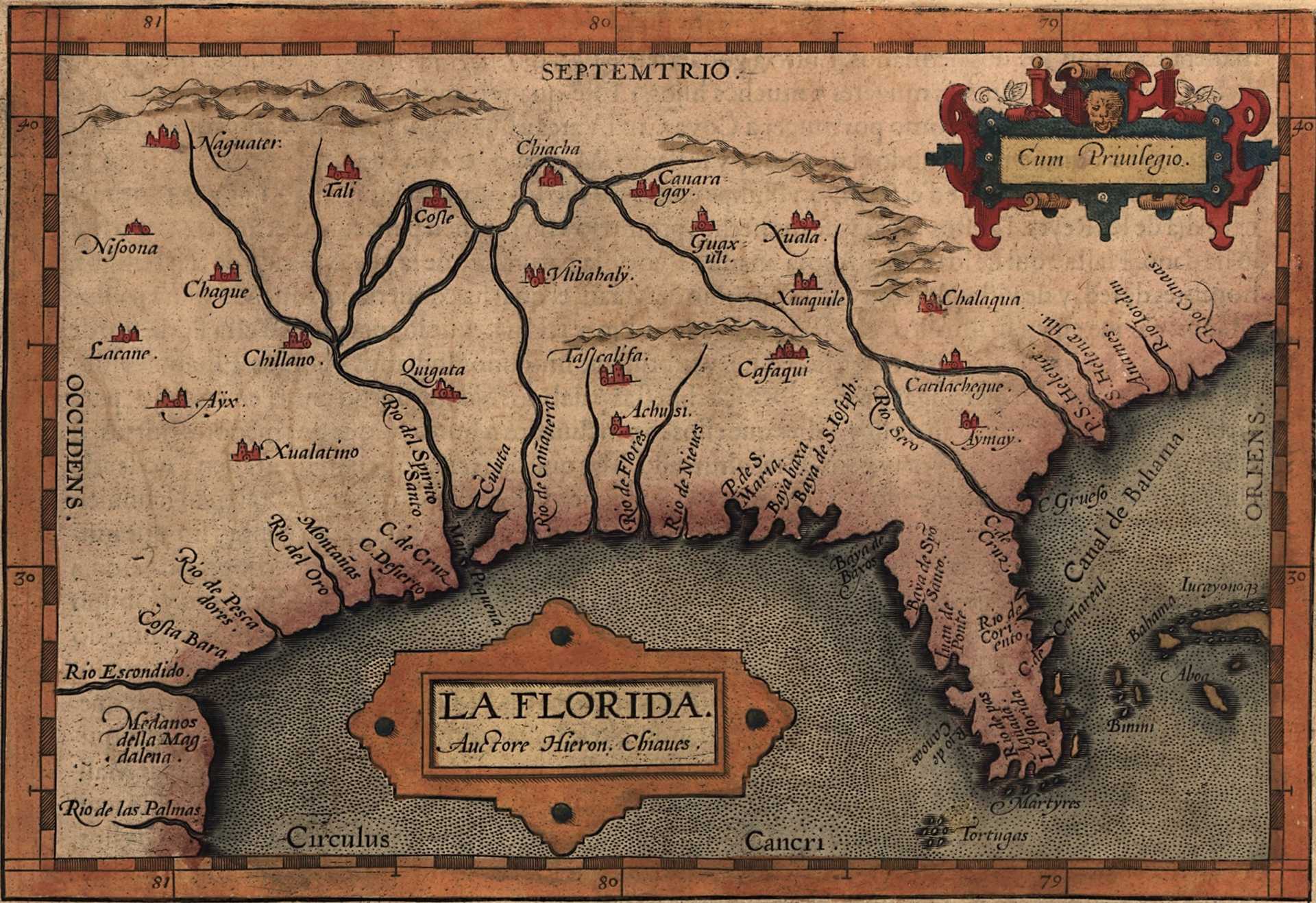 Map of the southeastern portion of the United States from present-day Florida north to the Chesapeake Bay—an area known as "La Florida" to the Spanish in the 1600s.