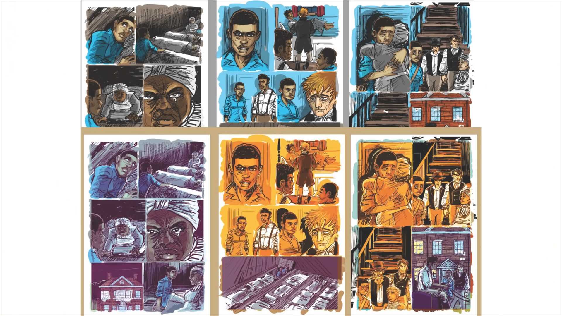 6 draft of pages from the graphic novel in different colors, like blue, orange, and purple