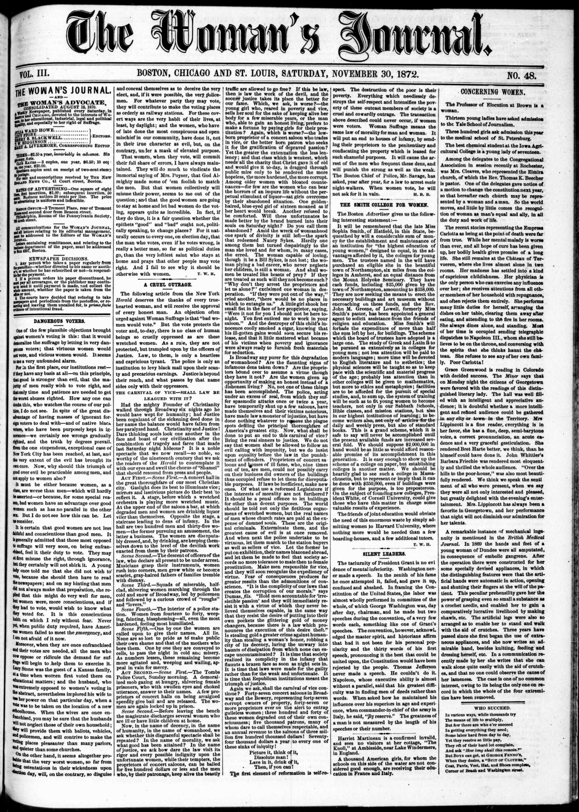 Front Page view of The Woman's Journal. Boston, Chicago and St. Louis from Saturday, November 30, 1872