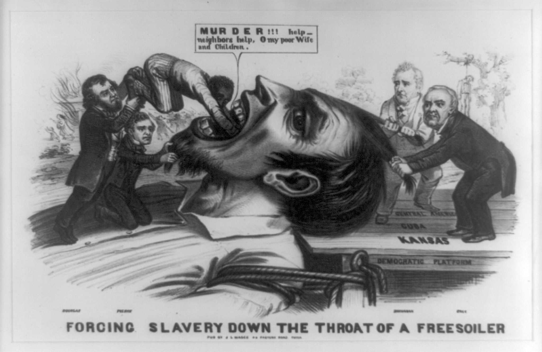 Image of a political cartoon depicting "slavery" being forced down the throat of a Free Soil party member