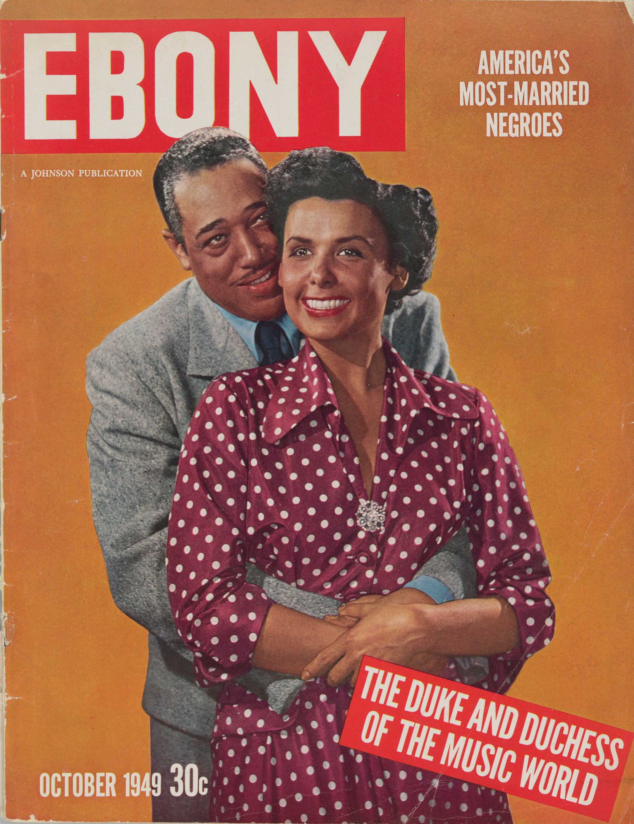 An issue of Ebony Magazine from October 1949. The cover features Lena Horne and Duke Ellington against an orange background.