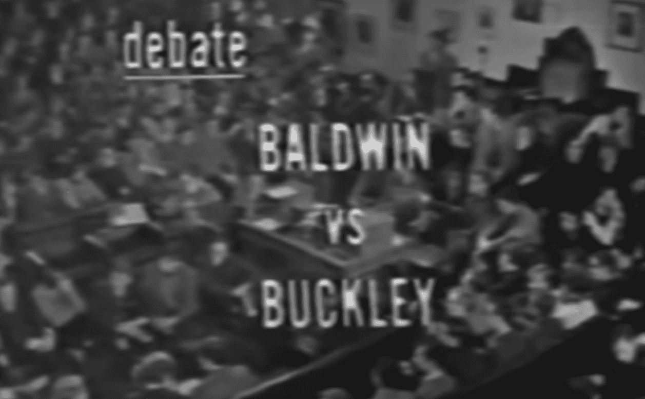 A still image the video with 'Baldwin vs Buckley' in thin font, overlaying a blurry image of people sitting in a large debate hall.