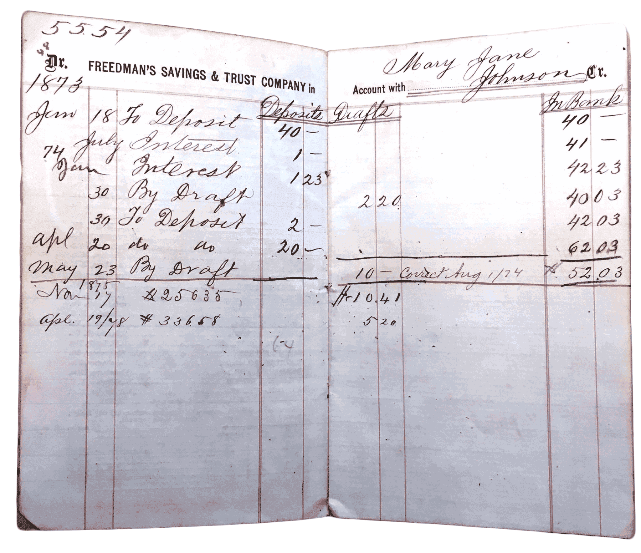 Interior page of Mary Jane Johnson's bank book that list her drafts and deposits.