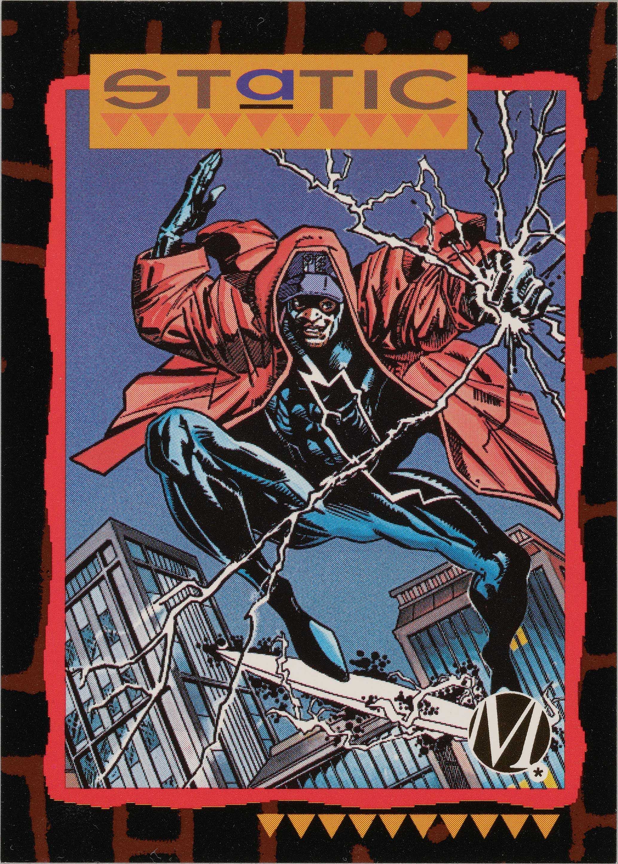 A Milestone trading card features a color image of the character Static.