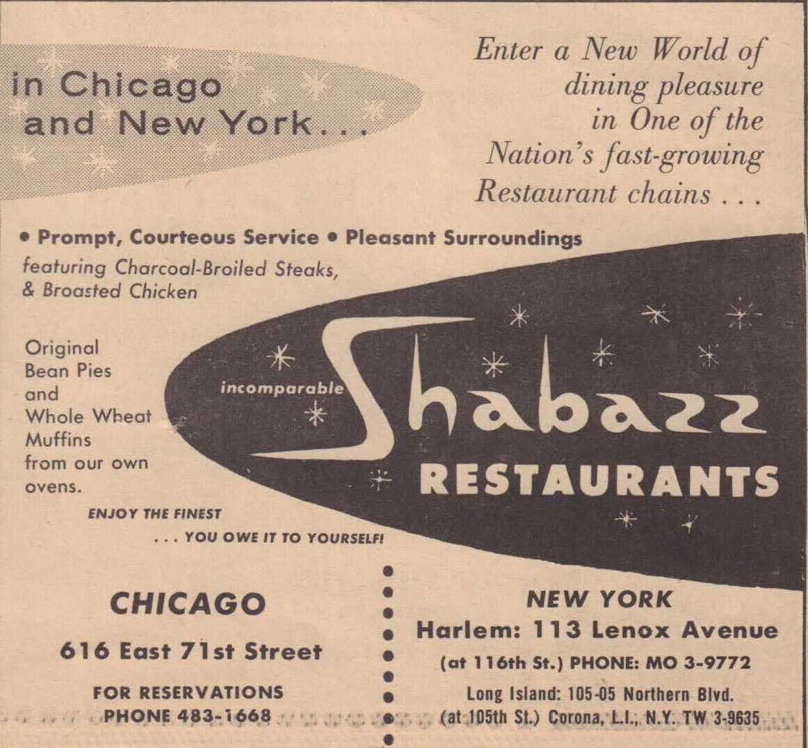 Ad for Shabazz Restaurant in Chicago and New York