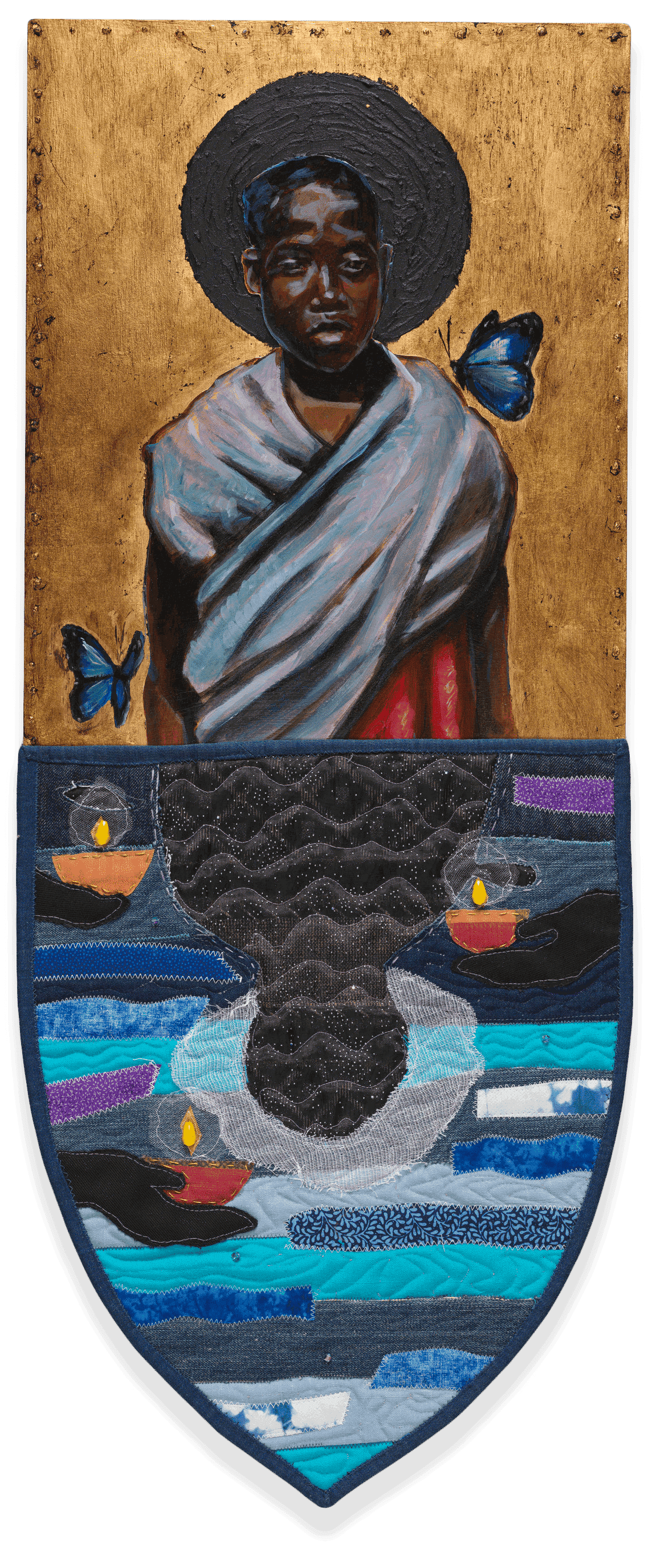 A mixed media piece of art by Stephen Towns that has a painting of a person staring straight ahead above their reflection in the water.