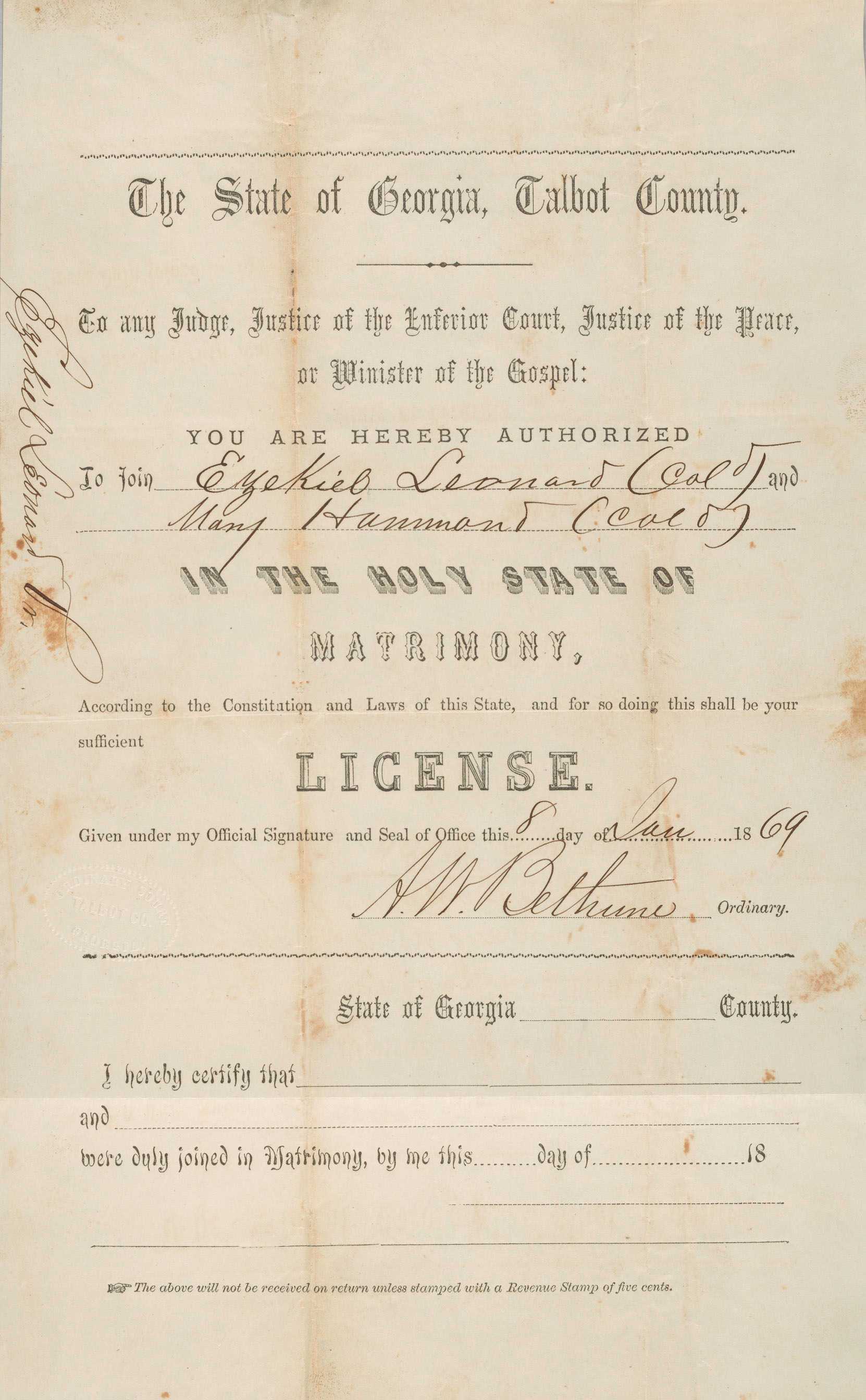 Printed marriage license for Ezekiel Leonard and Marry Hammond issued on January 8, 2869 in Georgia.