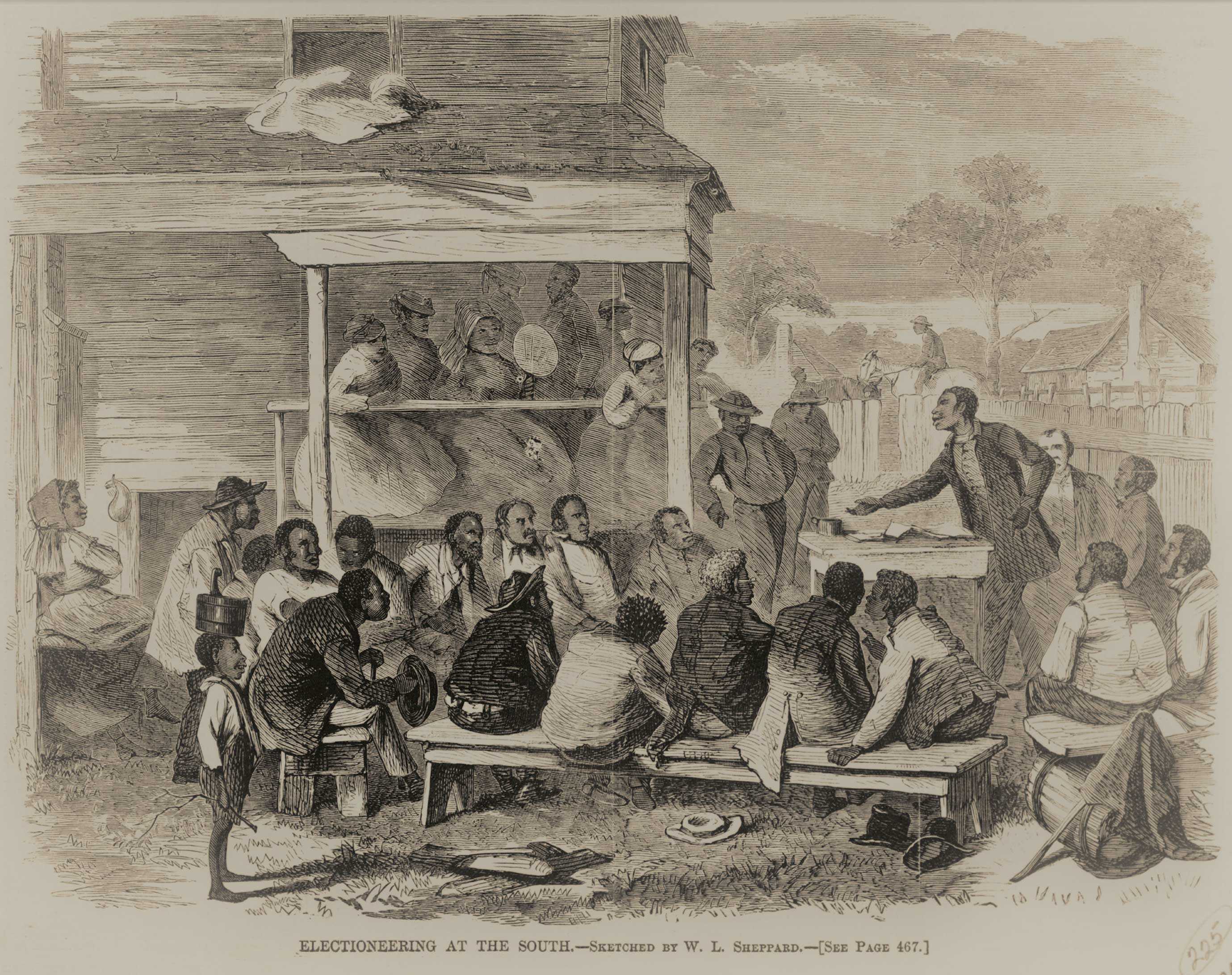 An illustration of African American men sitting around a picnic bench, looking at an auctioneer.