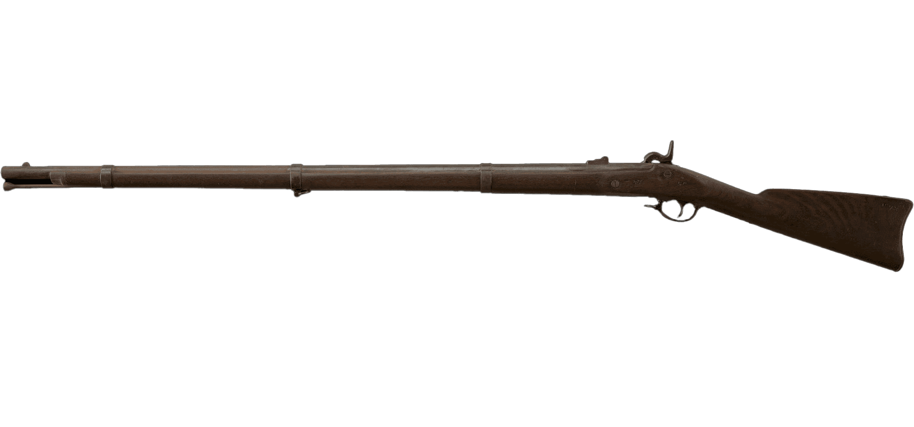 A U.S. Model 1861 .58 caliber rifle musket produced by William Muir & Company for use by the Army and Marine Corps during the American Civil War. The rifle is constructed of a walnut stock, steel barrel, barrel bands, front and rear sights, stored ramrod and fittings. The barrel bands are engraved with a “U” on their undersides. The top of the barrel bear the hammer bears a dated engraving, “1863”, parallel (on the barrel’s proper left) to which are manufacturer proof marks “V/P”. A “47 / 50” is stamped along the proper left stock parallel to the barrel’s date and proof marks. A “58” is stamped along the top of the breech, adjacent to the hammer. The proper right lock plate features an engraved eagle and manufacturer’s identification: [U.S. / WM MUIR & CO. / WINDSOR LOCKS,CT.]. Close to the butt screw, at edge of its extended plate, is a “US” engraving. The year “1873” is engraved along the stock near the butt.