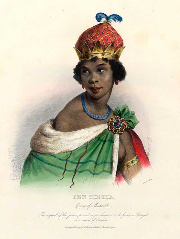 A portrait of Queen Nzinga, who is looking over her shoulder in a formal green dress and red hat.