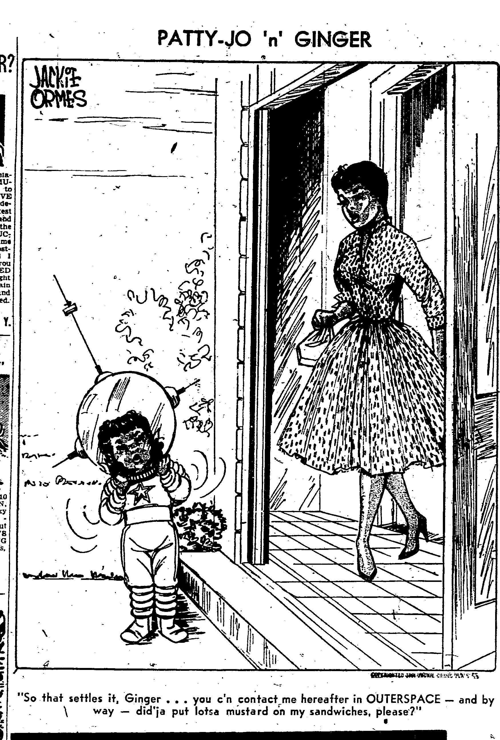 A panel of Jackie Ormes' cartoon, “Patty-Jo 'n' Ginger,”. A yound kid is dressed as an astronaut outside as thier mom watches.
