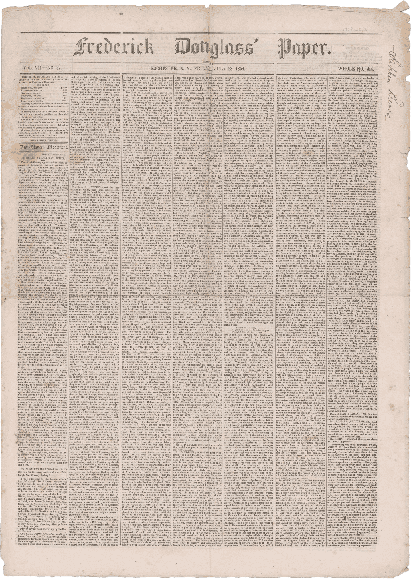 The July 28, 1854 issue of Frederick Douglass' Paper, a Rochester-based weekly newspaper published and edited by Frederick Douglass that centered on antislavery efforts and other social reform causes. The title [Frederick Douglass' Paper] is printed in large text across the top, just underneath the title are the issue details printed between two horizontal black lines: [Vol. VII, No. 32, ROCHESTER, N.Y. FRIDAY JULY 28, 1854., Whole Number 344]. The text of the paper is densely concentrated in seven vertical columns and there is both a vertical and horizontal crease through the center. An inscription of the name [Stephen Reeves] is written in black ink at the top right corner of the front page. The last page contains a large advertisement: "Call for a National Emigration Convention of Colored Men to be held in Cleveland Ohio" and is signed in print by Martin R. Delany.
