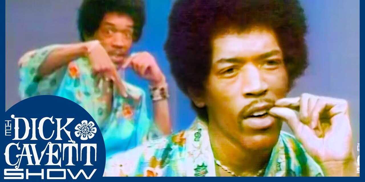 Two still images of Jimmy Hendrix, one with him holding the corner of his mouth and the other where he is holding a upside down peace side.