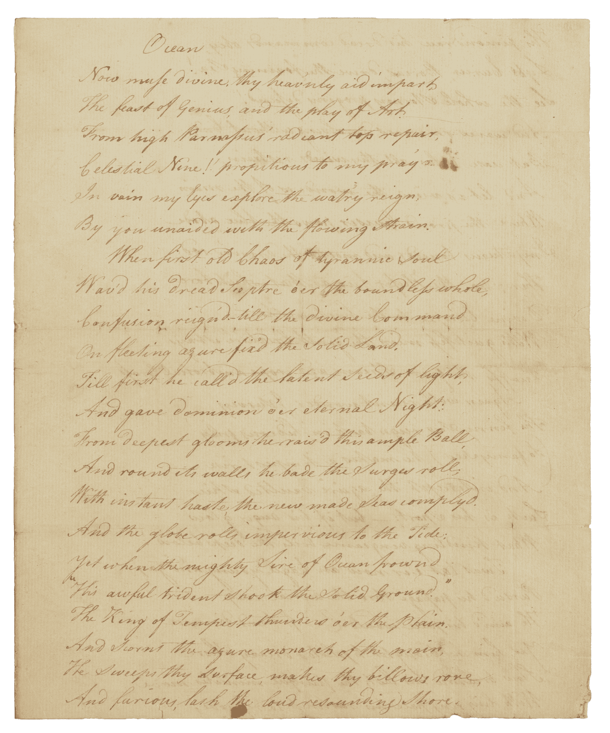 Handwritten document entitled Ocean written by the Poet Phillis Wheatley Peters.