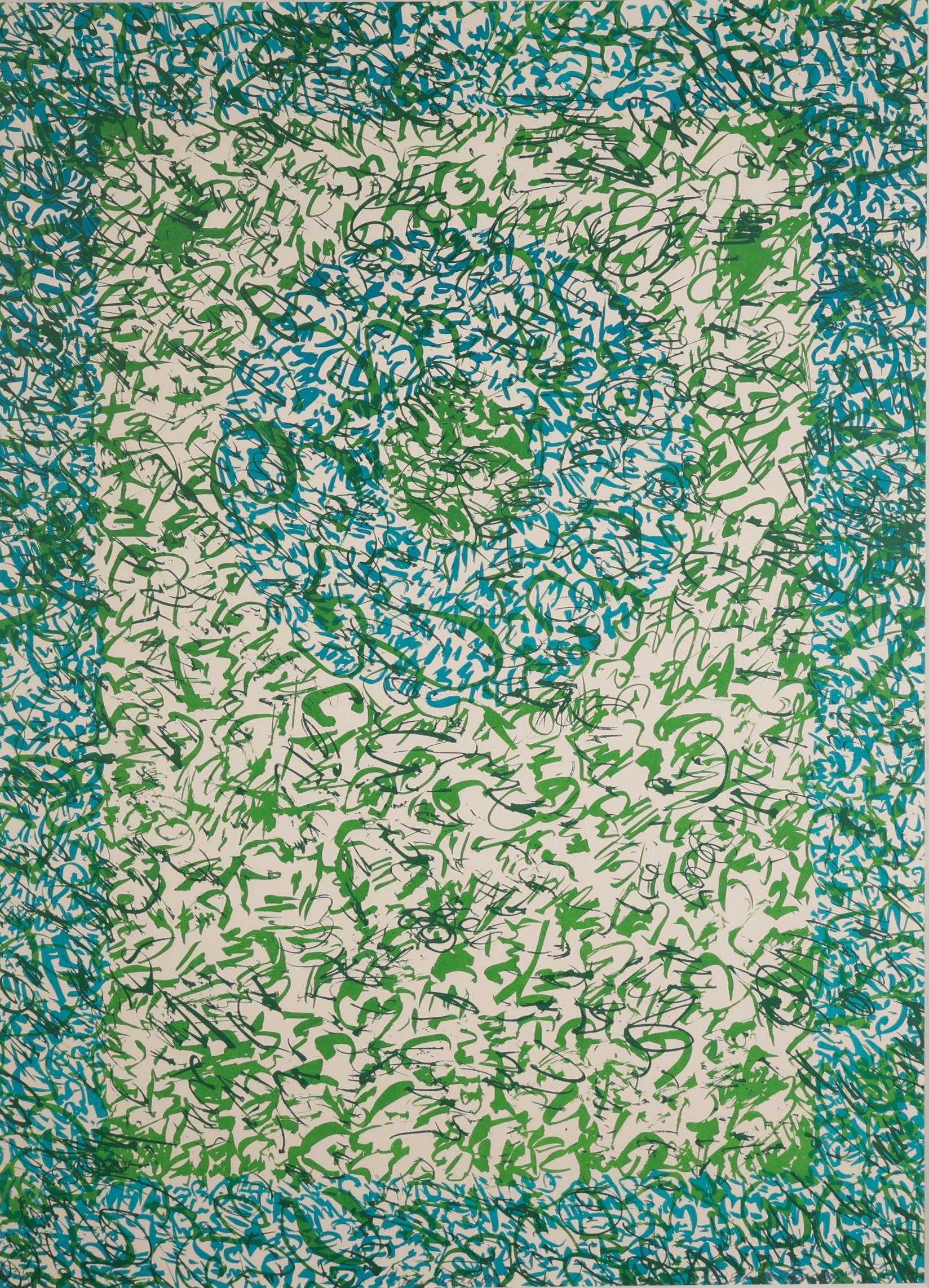 Abstract artwork with swirling green and blue calligraphic patterns on a white background.