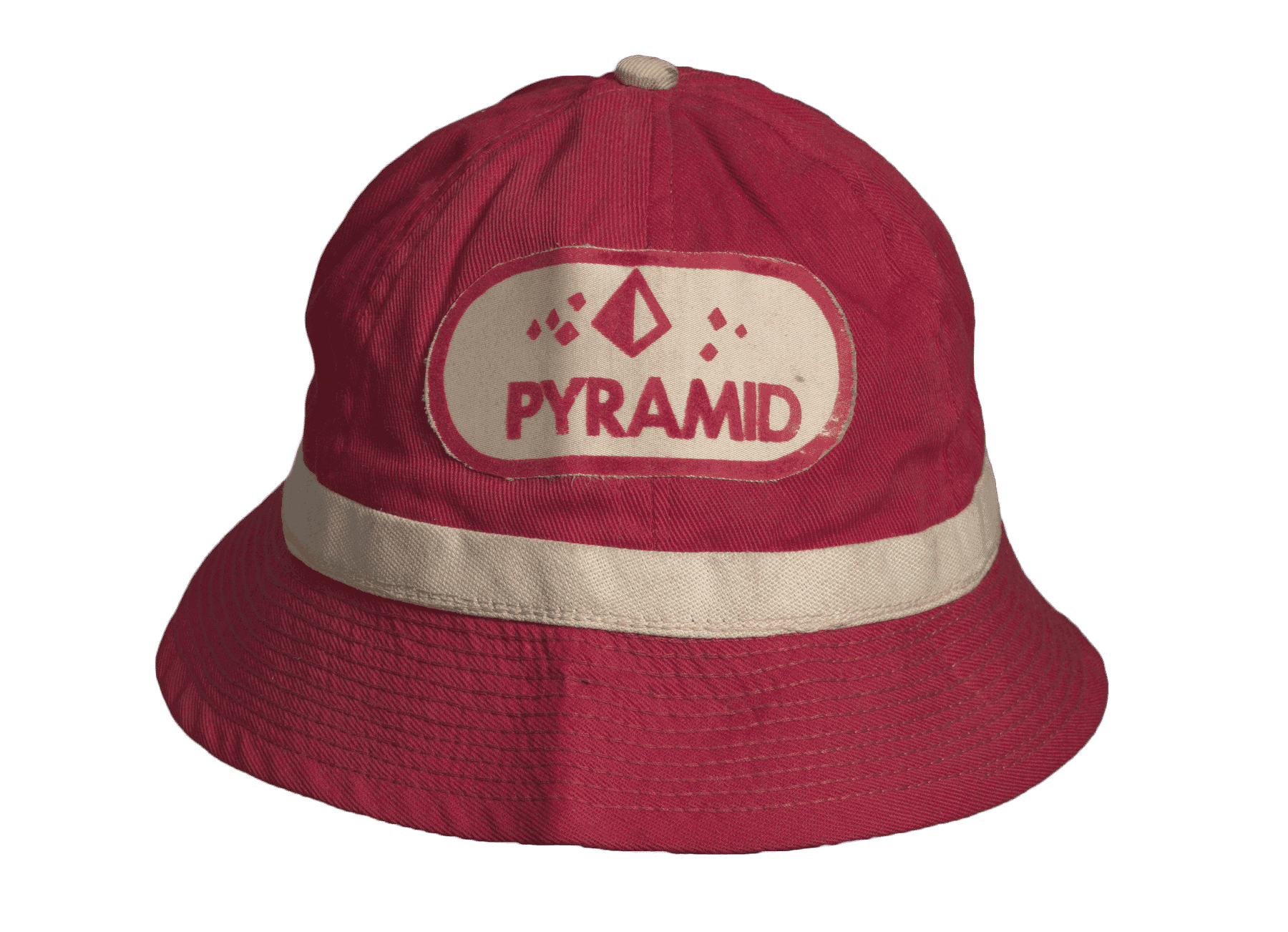 A red, canvas, pledge bucket hat with an off-white band around the base of the crown from Delta Sigma Theta sorority.