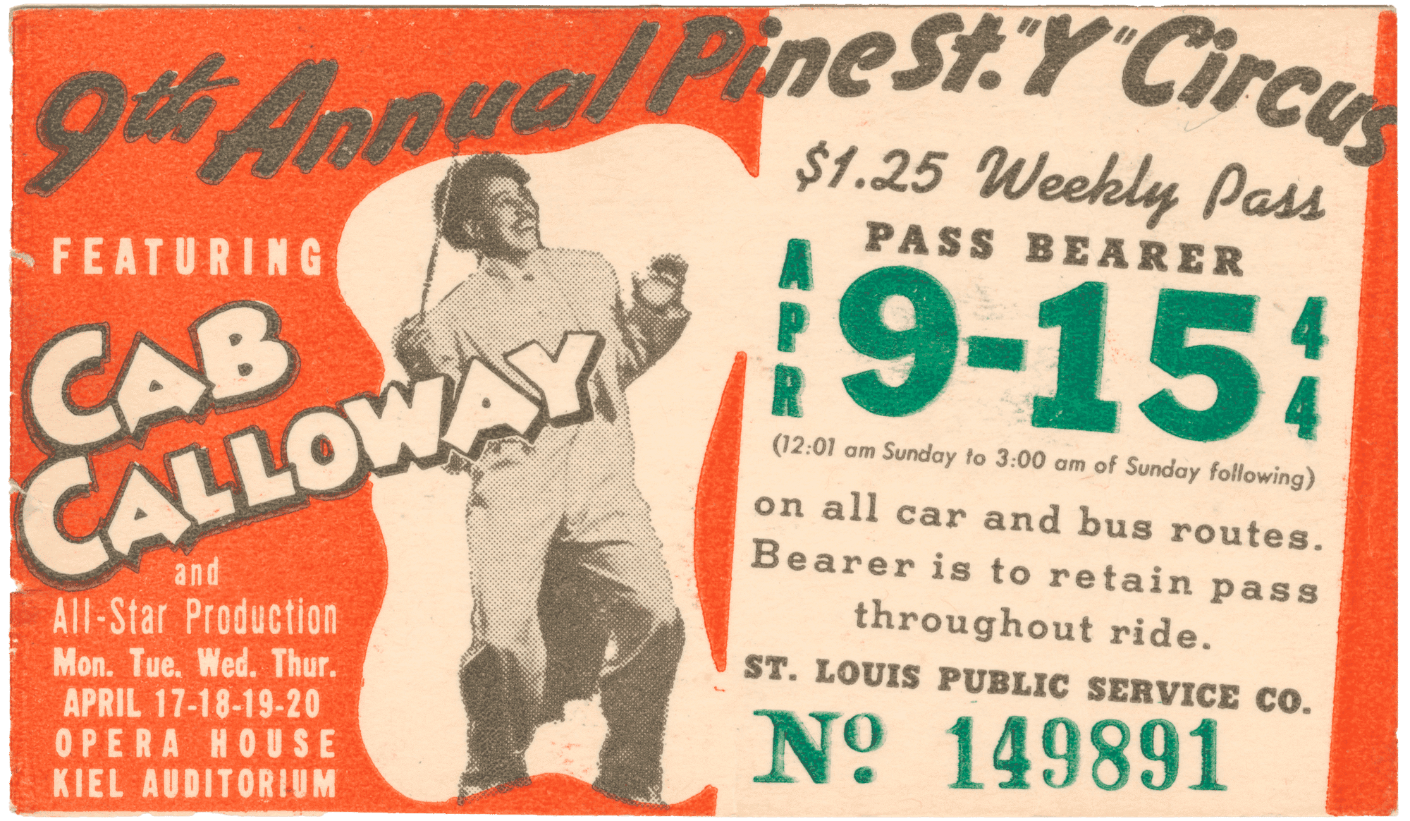 Transit pass for the St. Louis Public Service Company depicting Cab Calloway.
