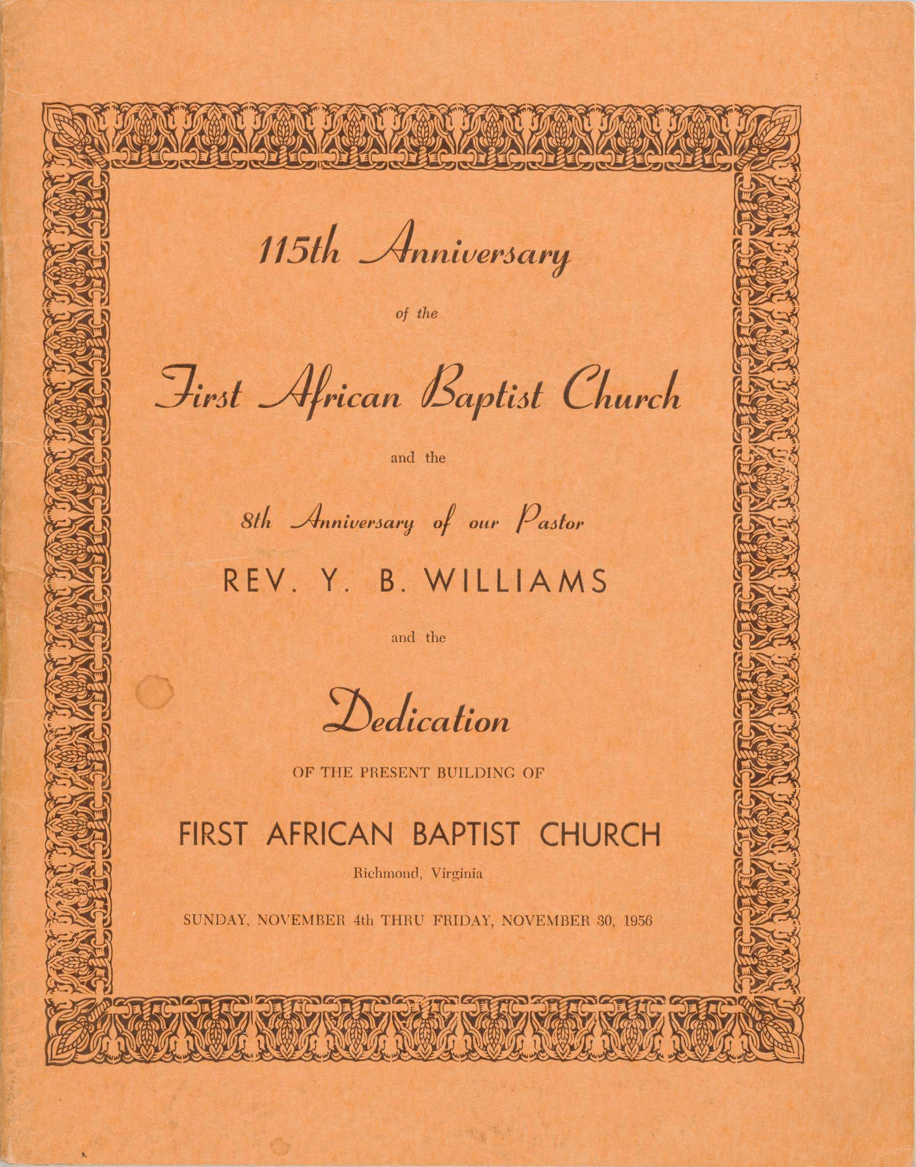 Certificate celebrating 115th anniversary of the First African Baptist Church