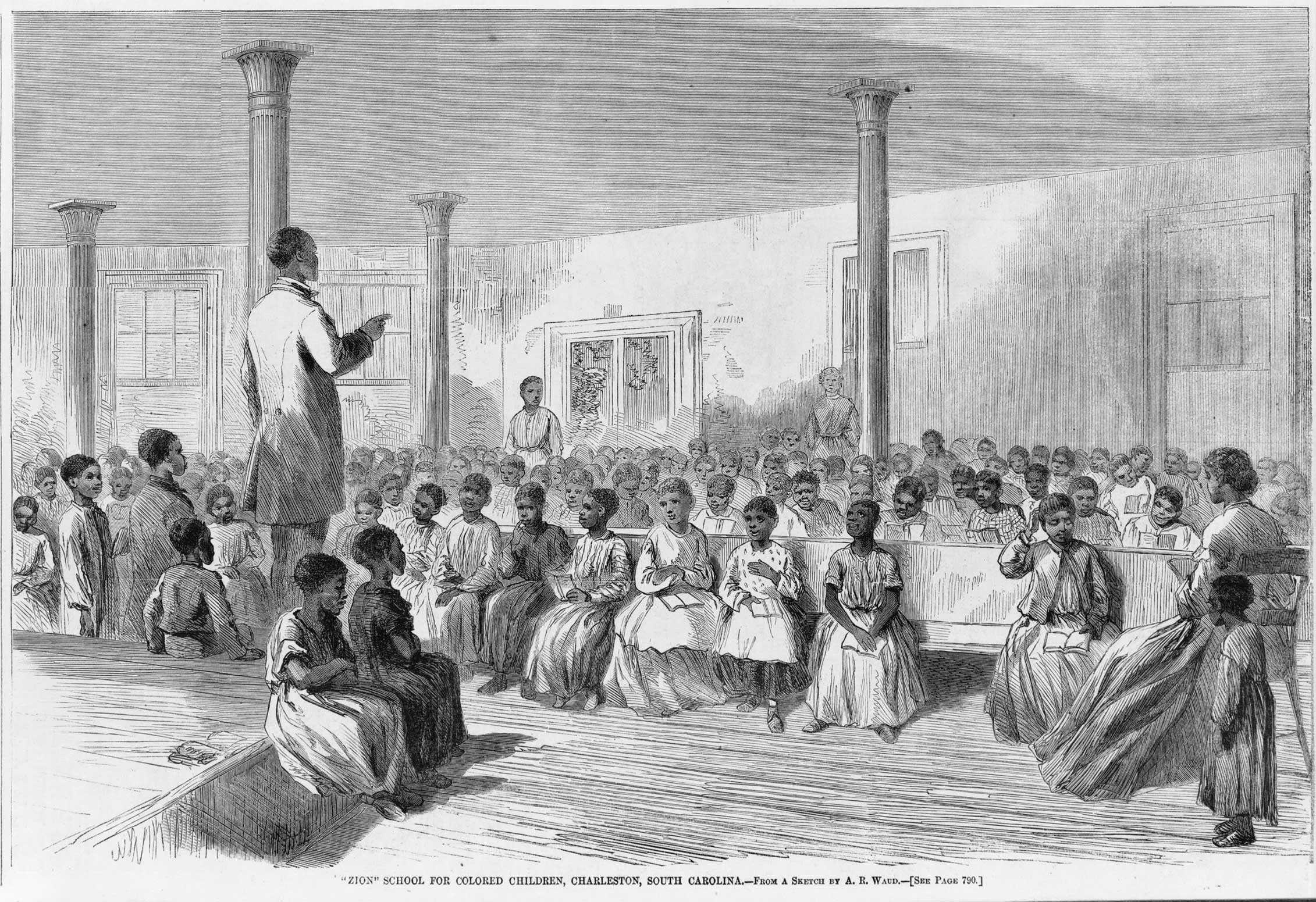 A drawing of a Zion classroom. A teacher is speaking in the front as students sit in the pews.