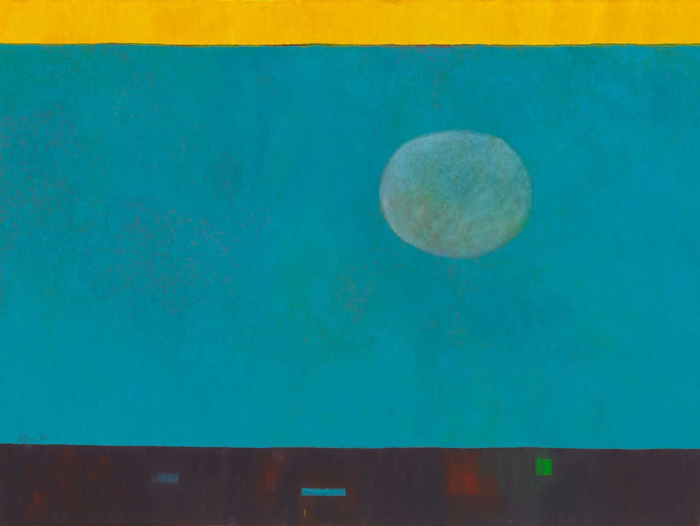 Abstract painting with a teal sky, a thin yellow horizon band, a pale circular moon, and a dark, textured foreground.