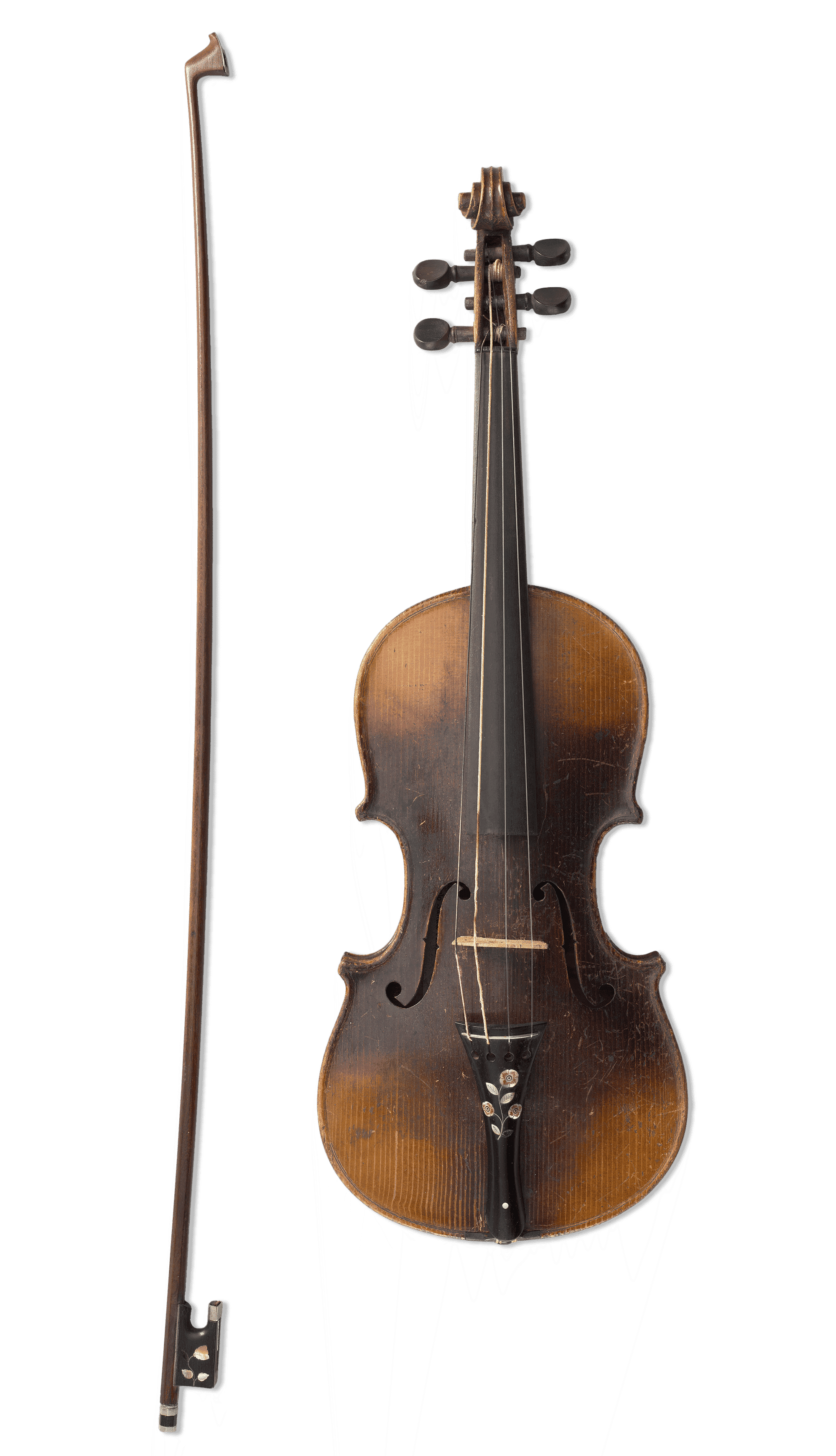 A wood violin with the D and G strings attached to it. The violin’s pegs, neck, and tailpiece are dark wood. There is also a wood violin bow with a pearl inlay.