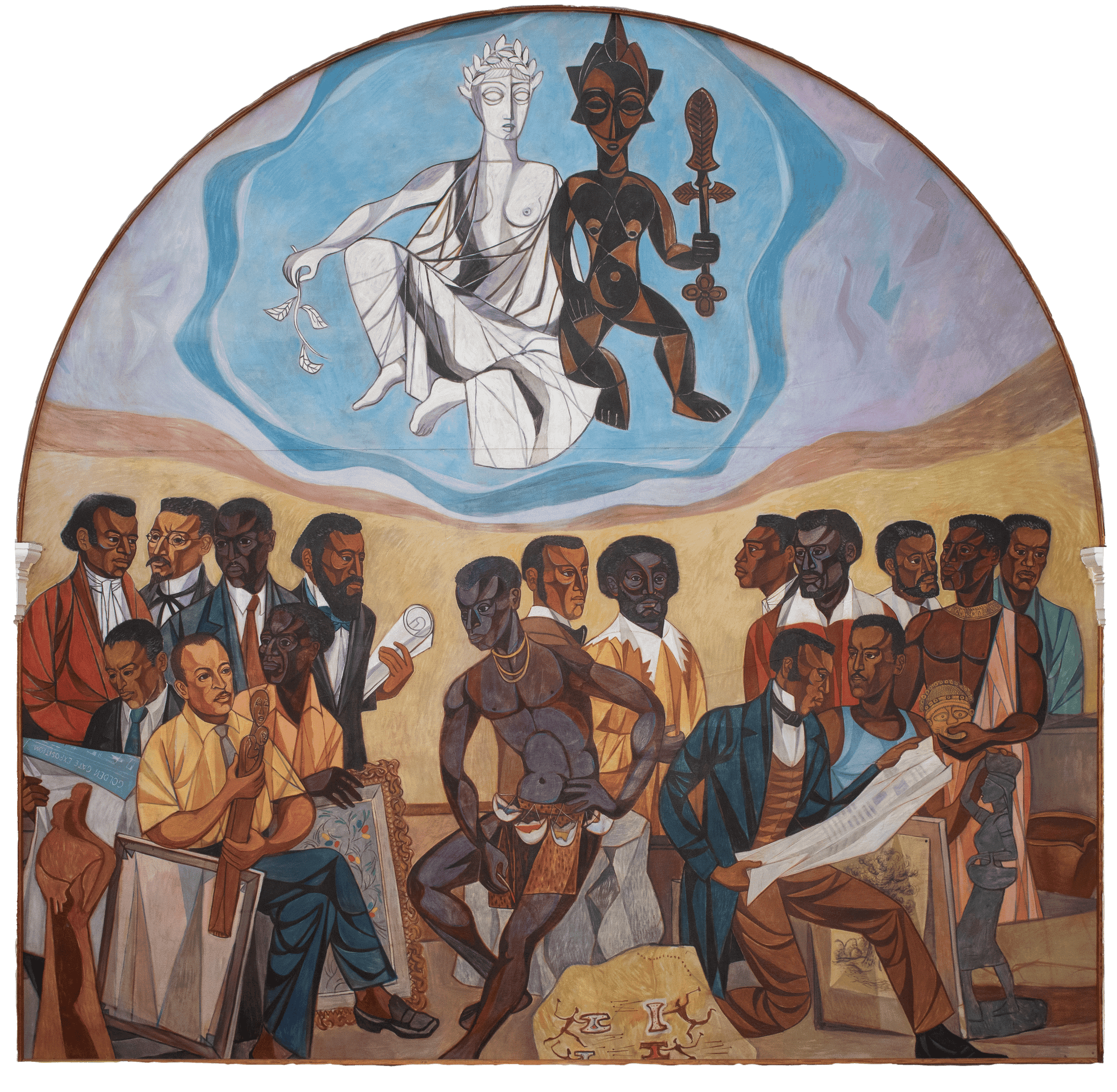Mural depicting diverse figures, some seated and some standing, with two abstract figures in the sky.
