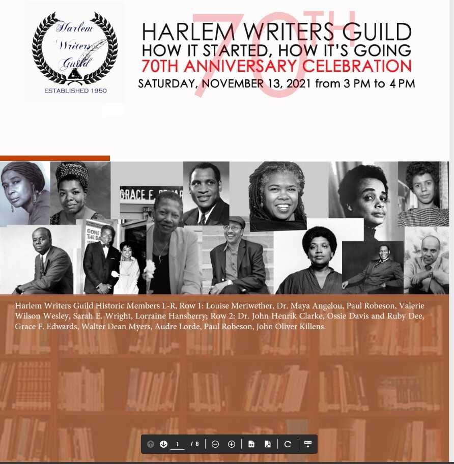 An collage ad for Harlem Writers Guild with various portraits of famous writers from the past and today.