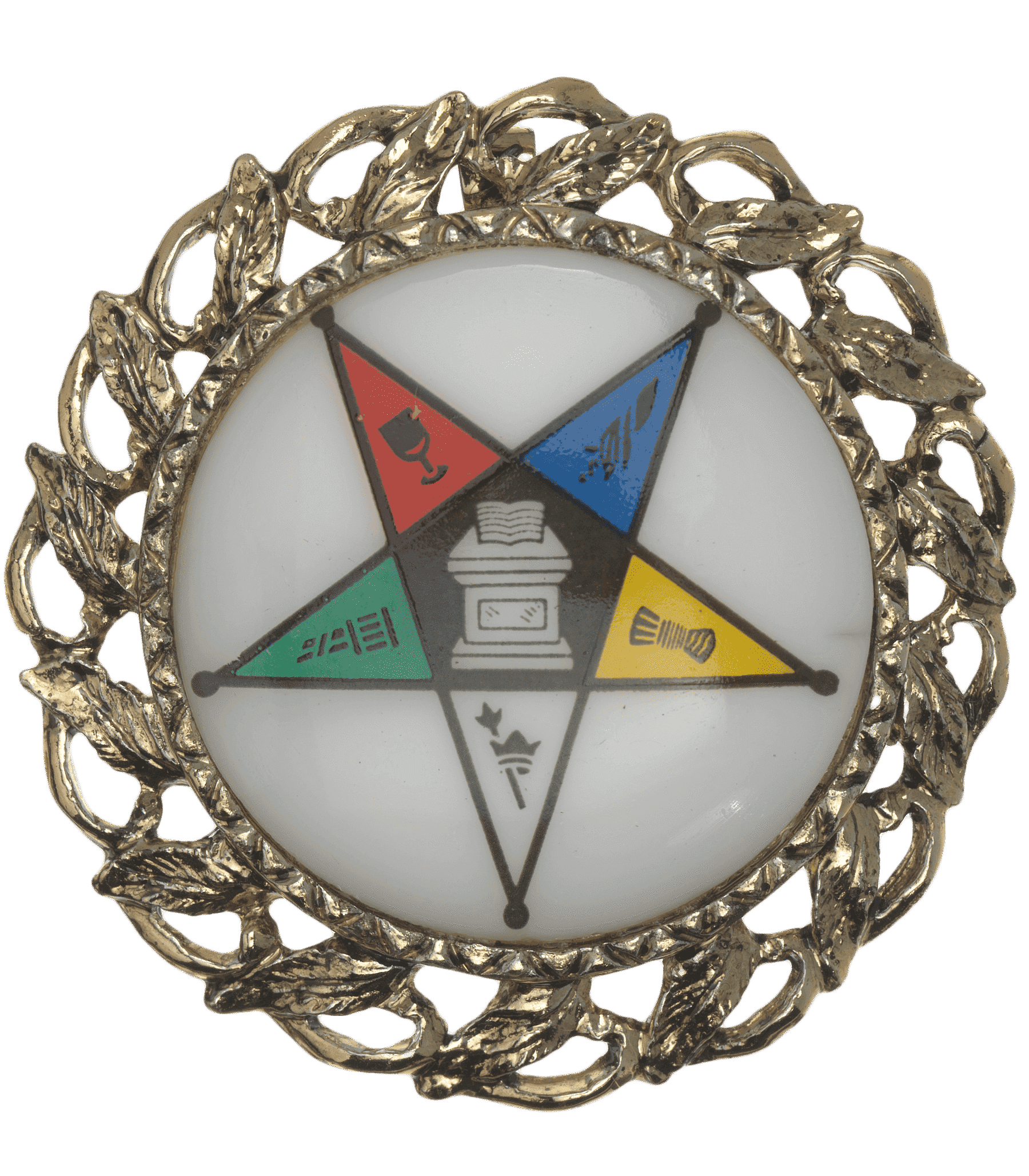 A circular metal pendant with a ceramic center.