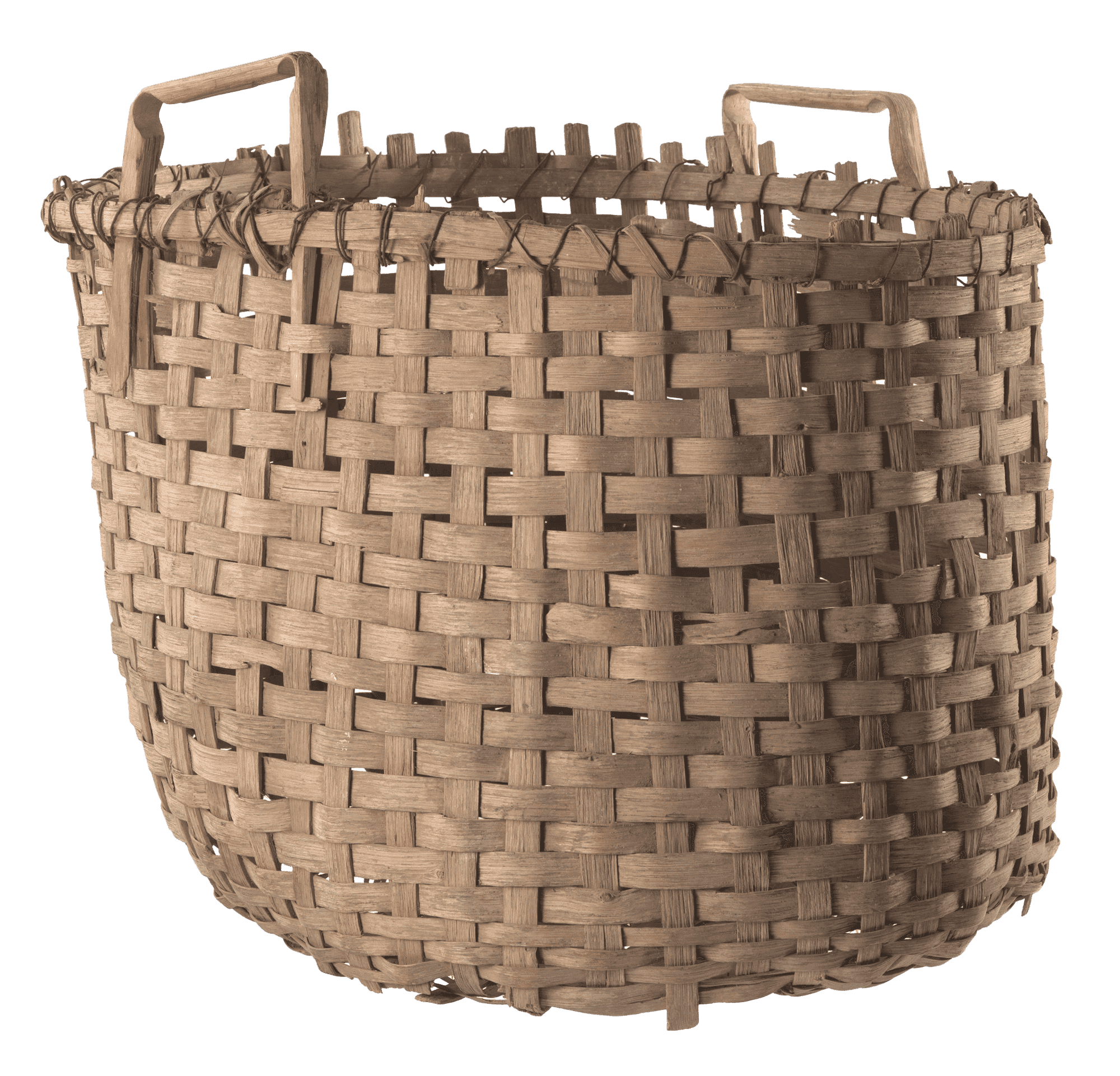 A large, woven, wooden basket for carrying cotton. This basket has been constructed using a basic under-and-over-weaving pattern with flat, wide basket strands made from strips of medium toned wood. Throughout the body of the basket, weavers and spokes vary between approximately .75” and 1” in width. At the bottom of the basket, the weavers become increasingly narrow towards the center of the base, ranging from approximately .3” to .5” in width.  The basket is roughly circular in shape, with two basket strands on the exterior and one on the interior securing the rim with wrapped metal wire. The basket has two, square, wooden handles, notched and bent at each corner and held in place by the weave of the basket body and metal wire, which has been double-wrapped in some places to provide additional support to the handles.