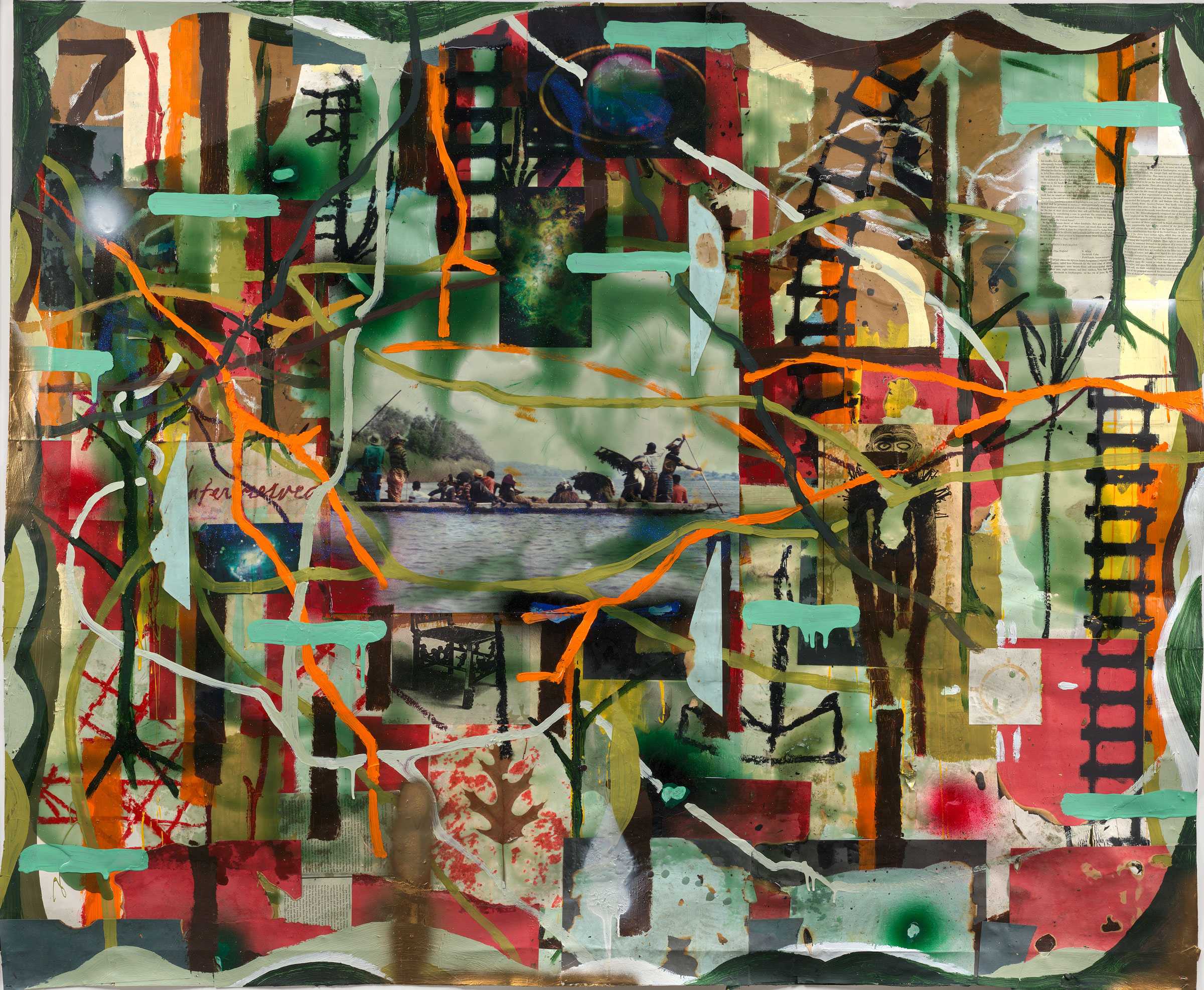 Abstract collage featuring a canoe with people on a river, surrounded by colorful, overlapping patterns and shapes.
