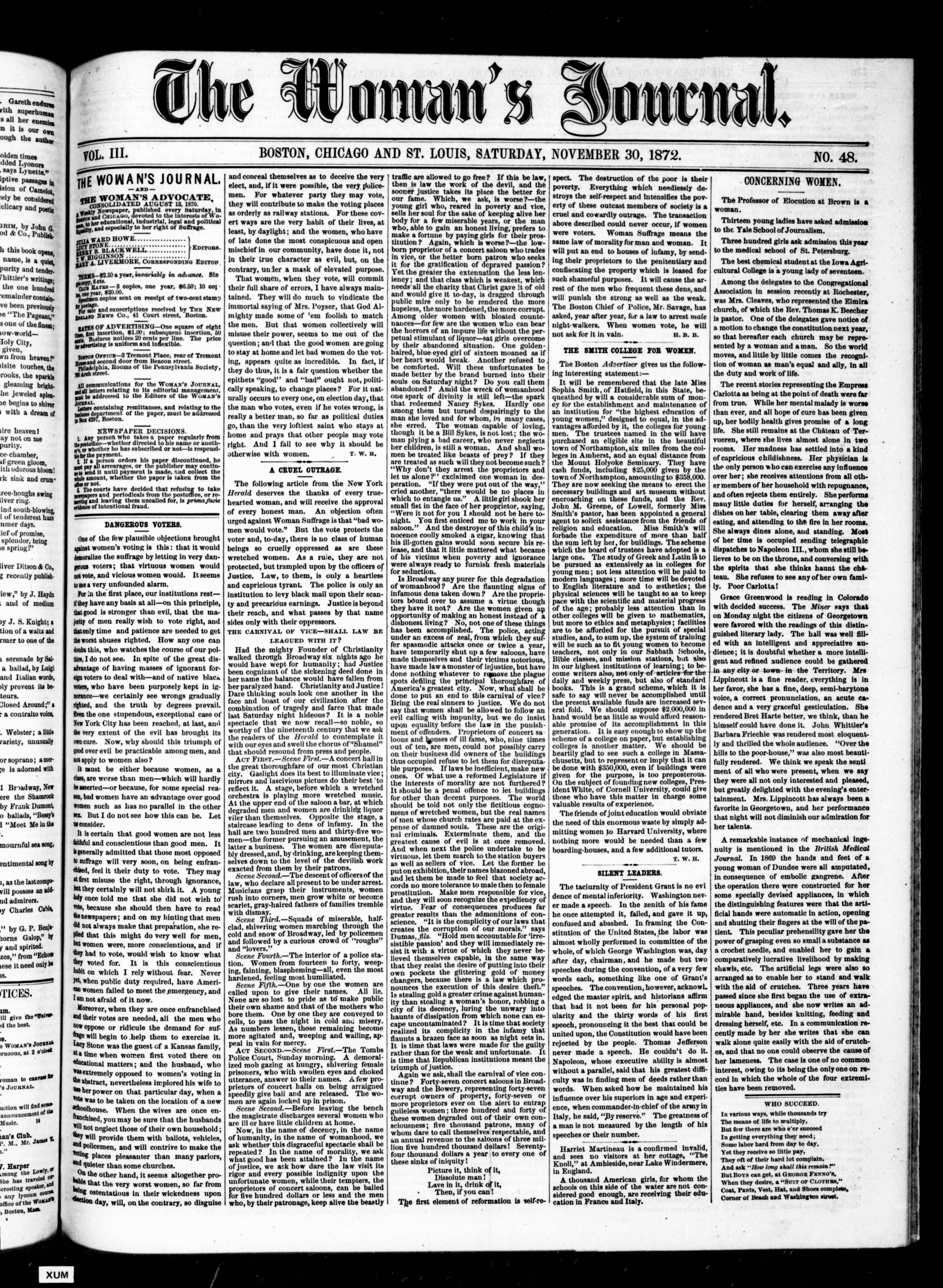 Front Page view of The Woman's Journal. Boston, Chicago and St. Louis from Saturday, November 30, 1872