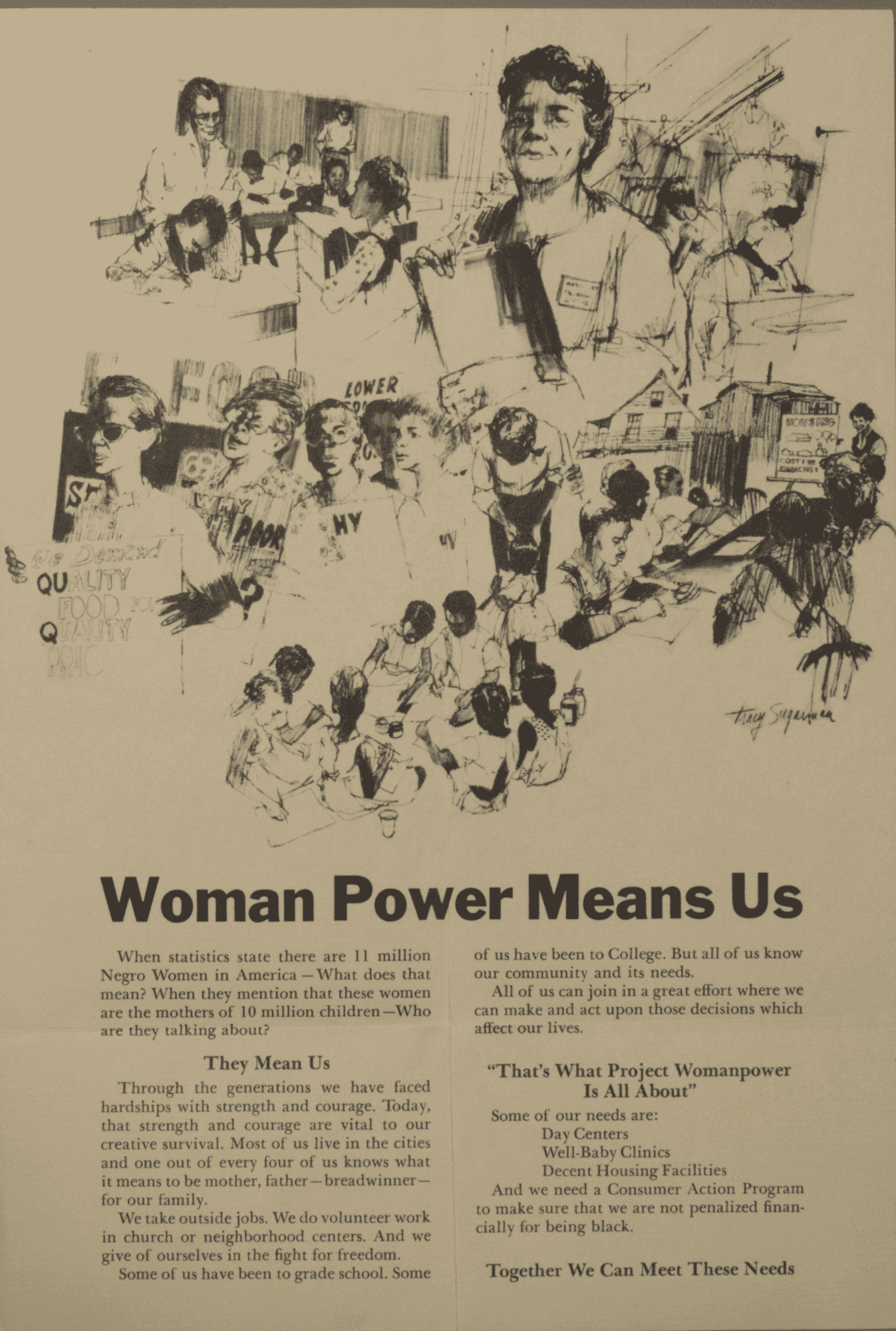 A brochure with pencil drawings of different women protesting at the top and a few paragraphs below the title "Woman Power Means Us".