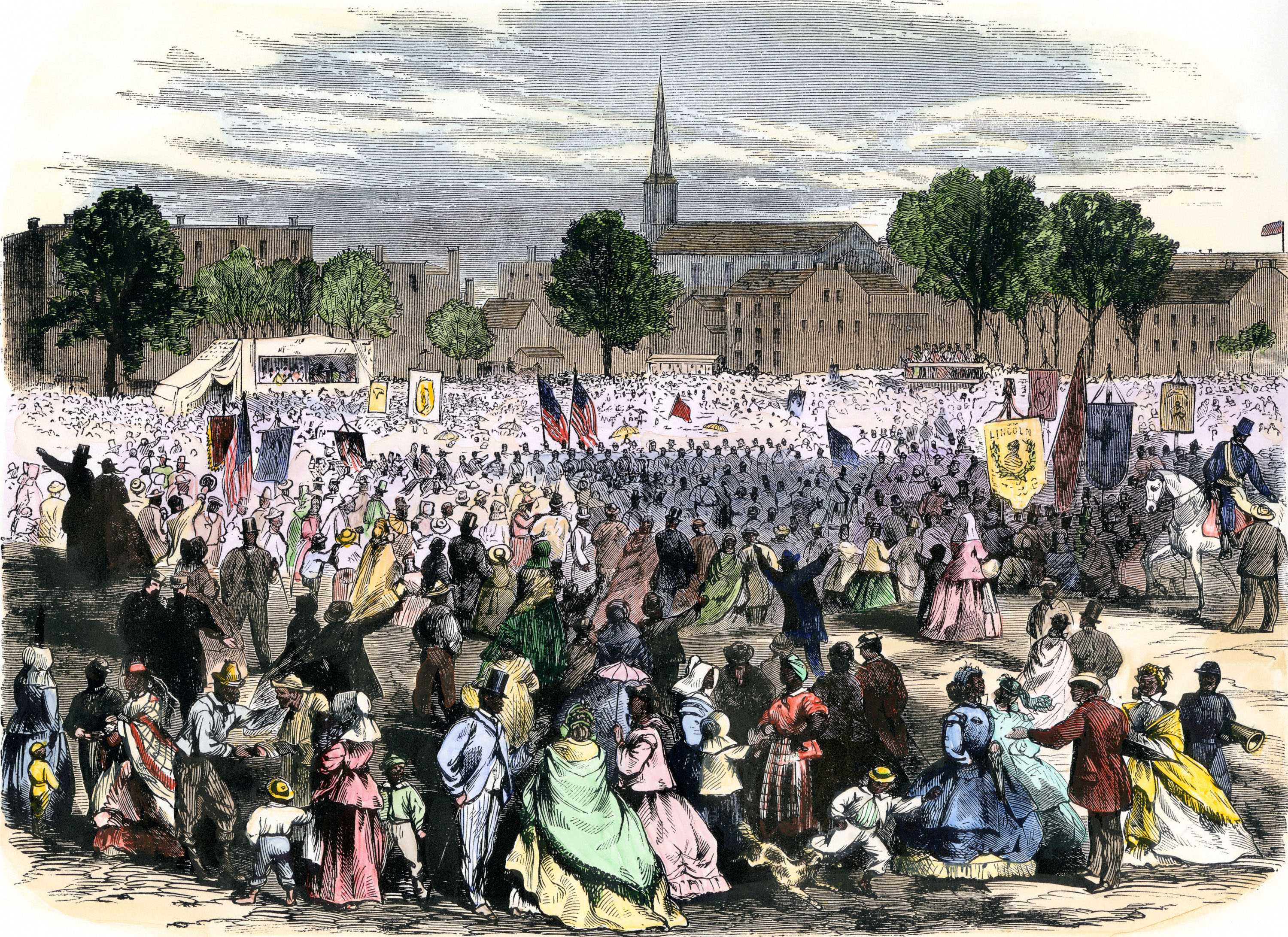 A colored drawing of a large crowd celebrating of the abolition of slavery in DC. A few carry banners and flags.